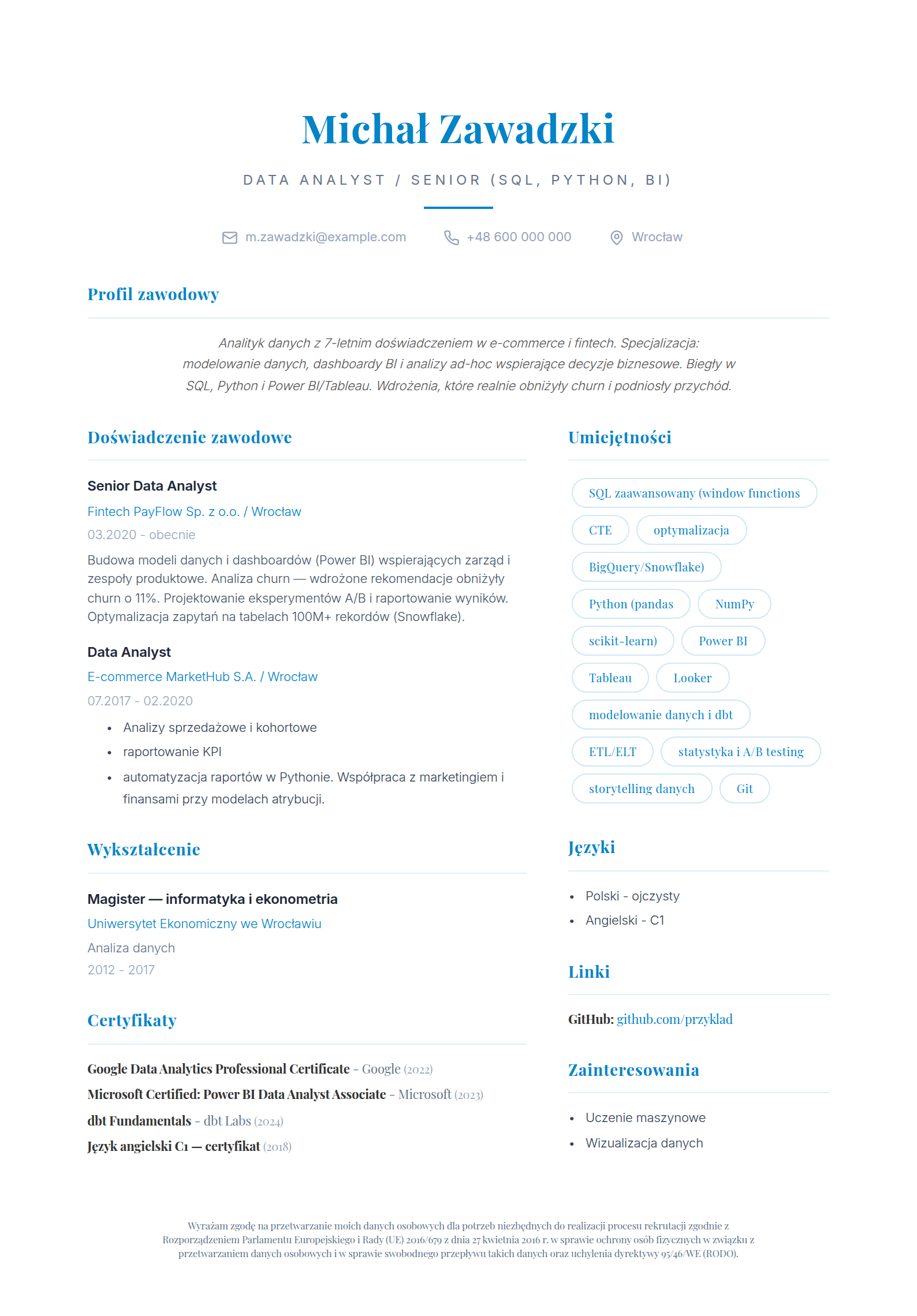 Wzór CV analityka danych z tech stackiem SQL/Python/BI - wypełniony przykład