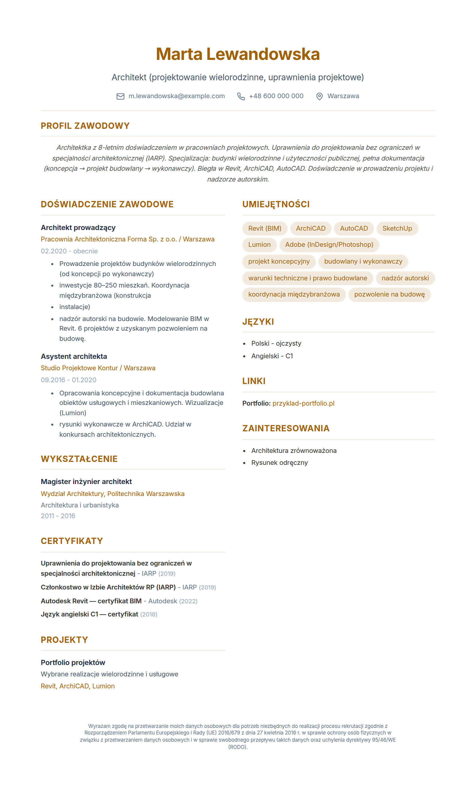 Wzór CV architekta z uprawnieniami IARP i BIM/Revit - wypełniony przykład