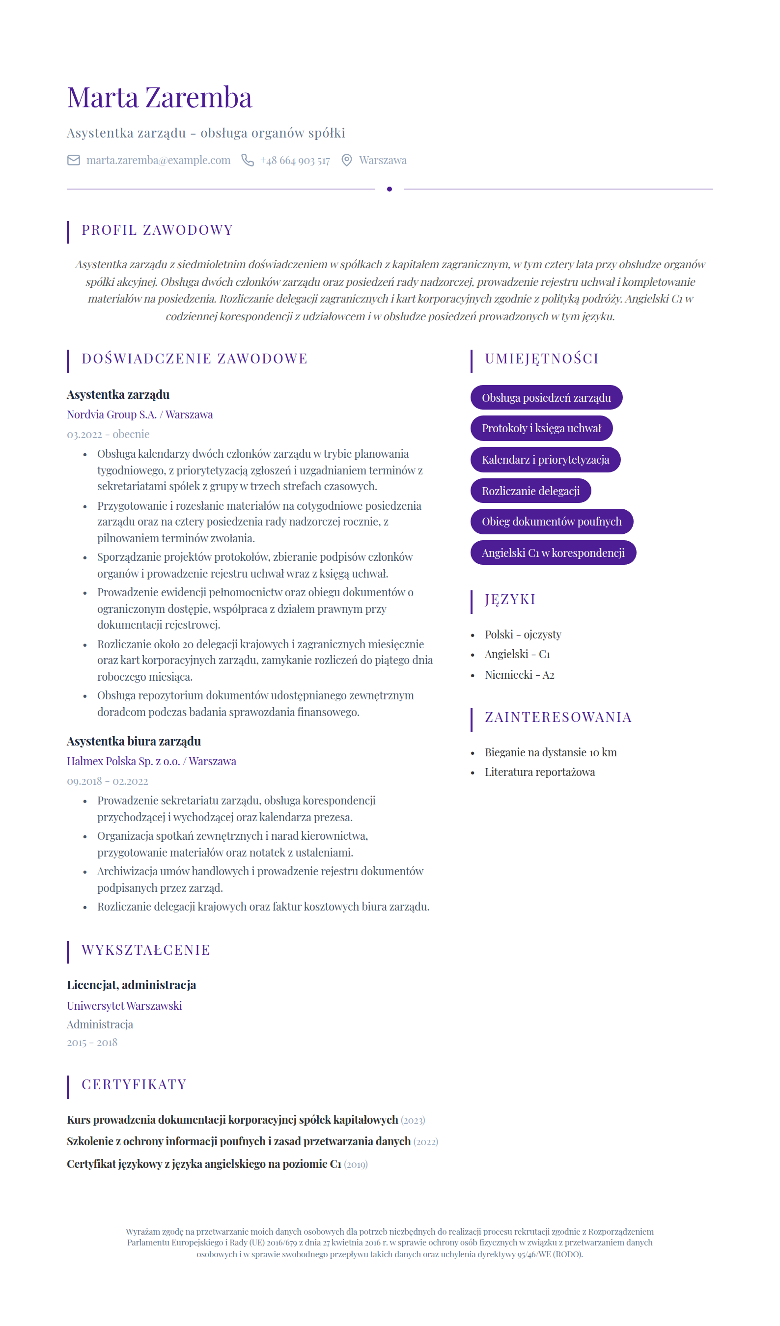 Wzór CV asystentki zarządu - profil, doświadczenie przy obsłudze posiedzeń zarządu i rady nadzorczej, prowadzenie rejestru uchwał i rozliczanie delegacji