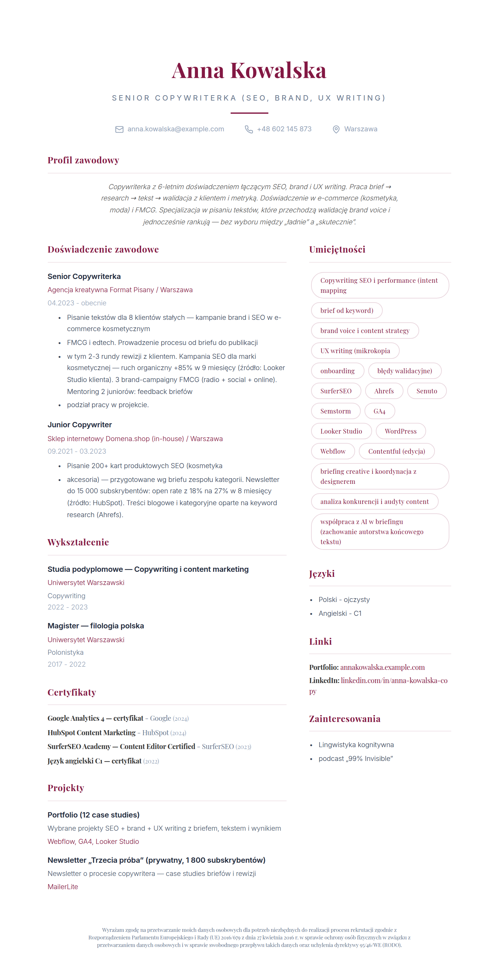 Wzór CV copywritera - przykład wypełnionego CV w szablonie pl-elegant