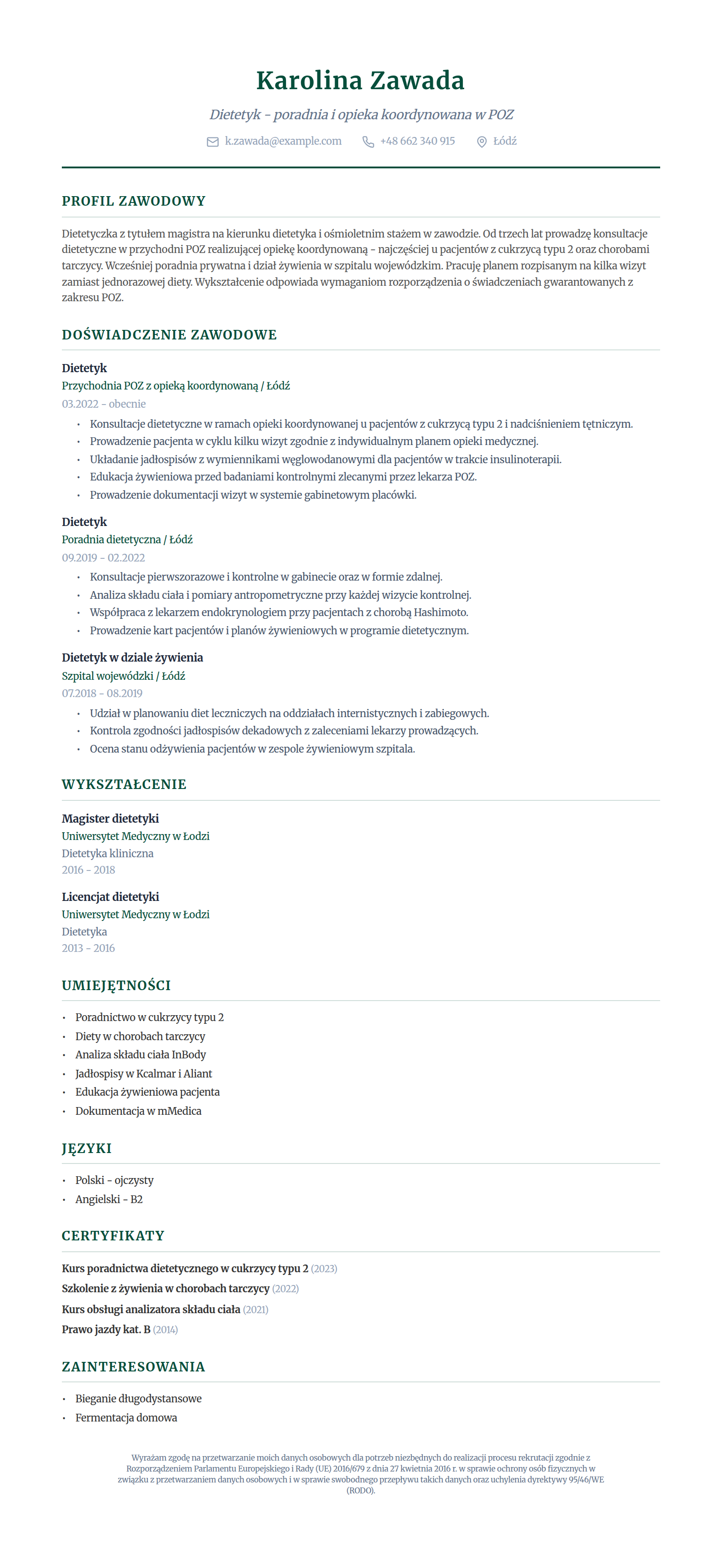 Wzór CV dietetyka - wypełniony przykład dla poradni dietetycznej