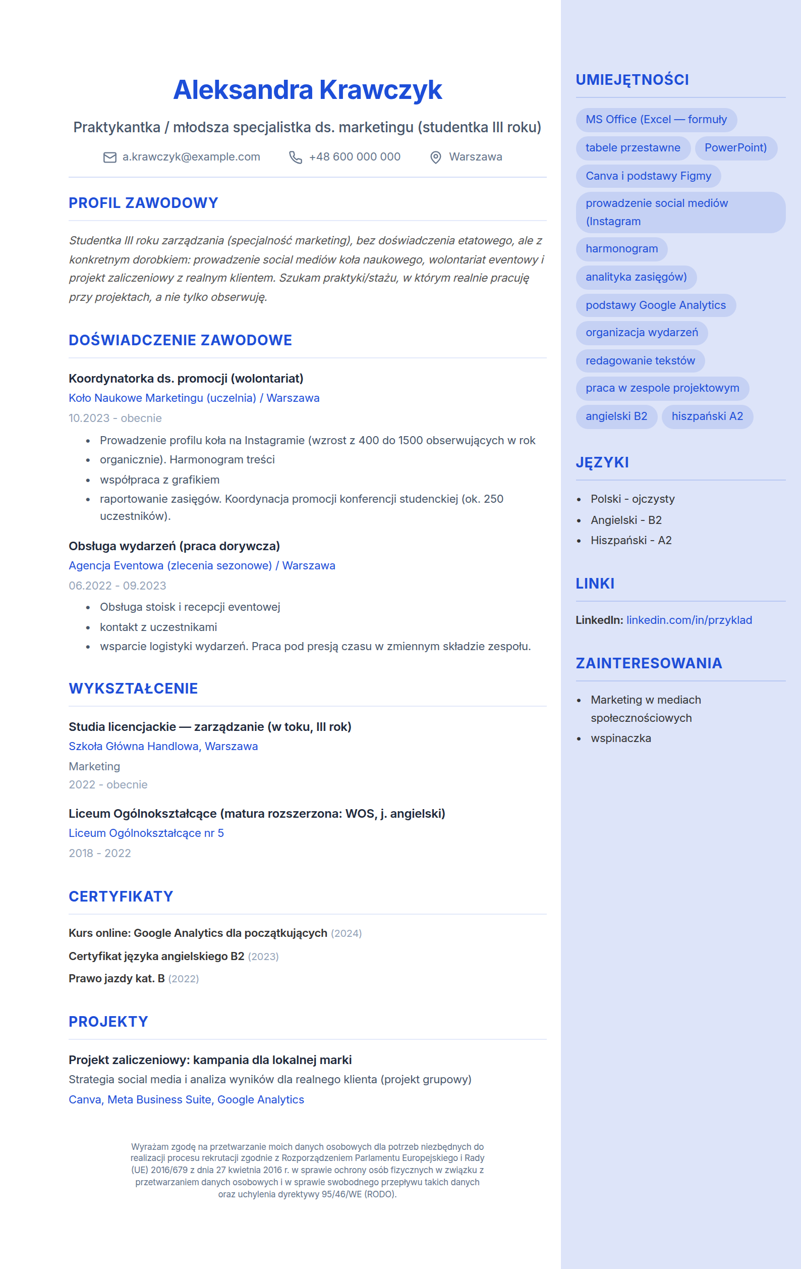 Wzór CV studenta bez doświadczenia - wypełniony przykład