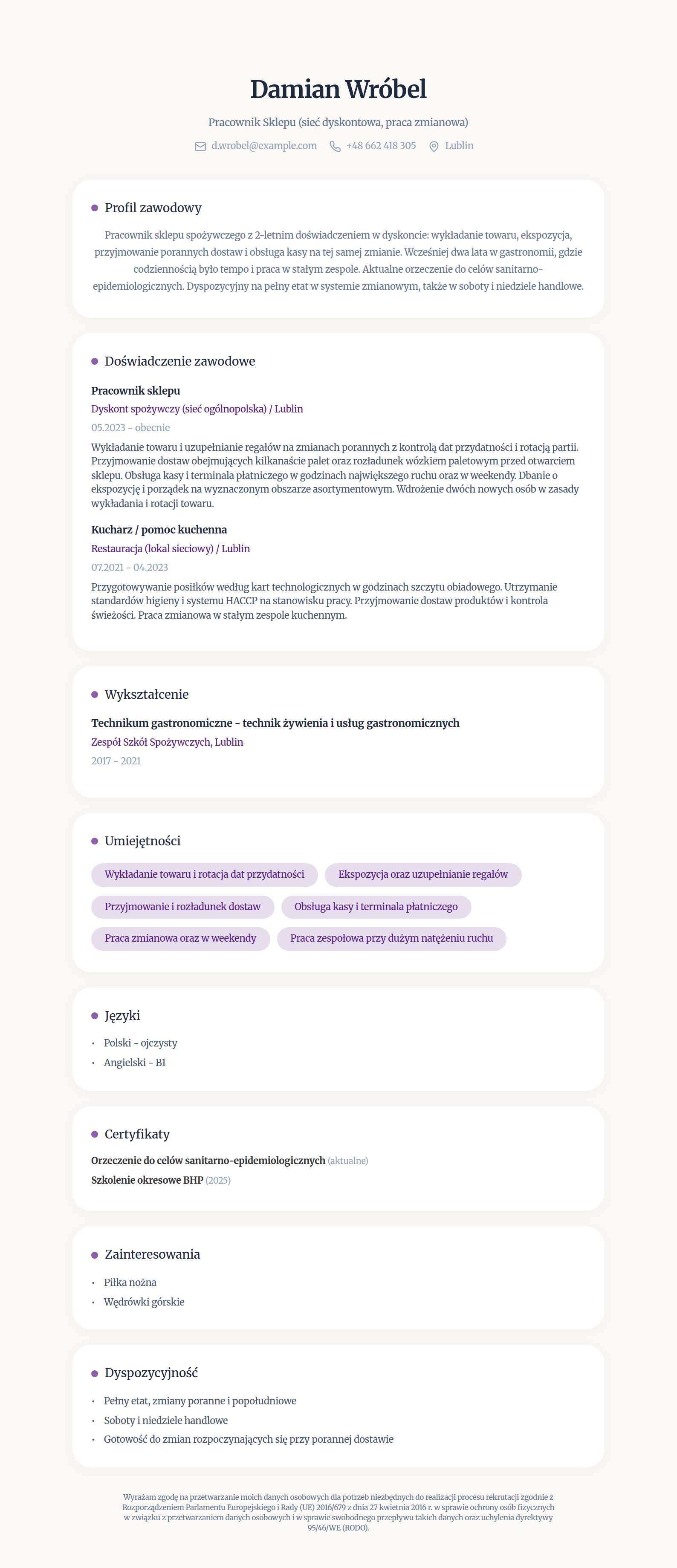 Przykładowe CV do pracy w sieci dyskontowej - pracownik sklepu, wzór