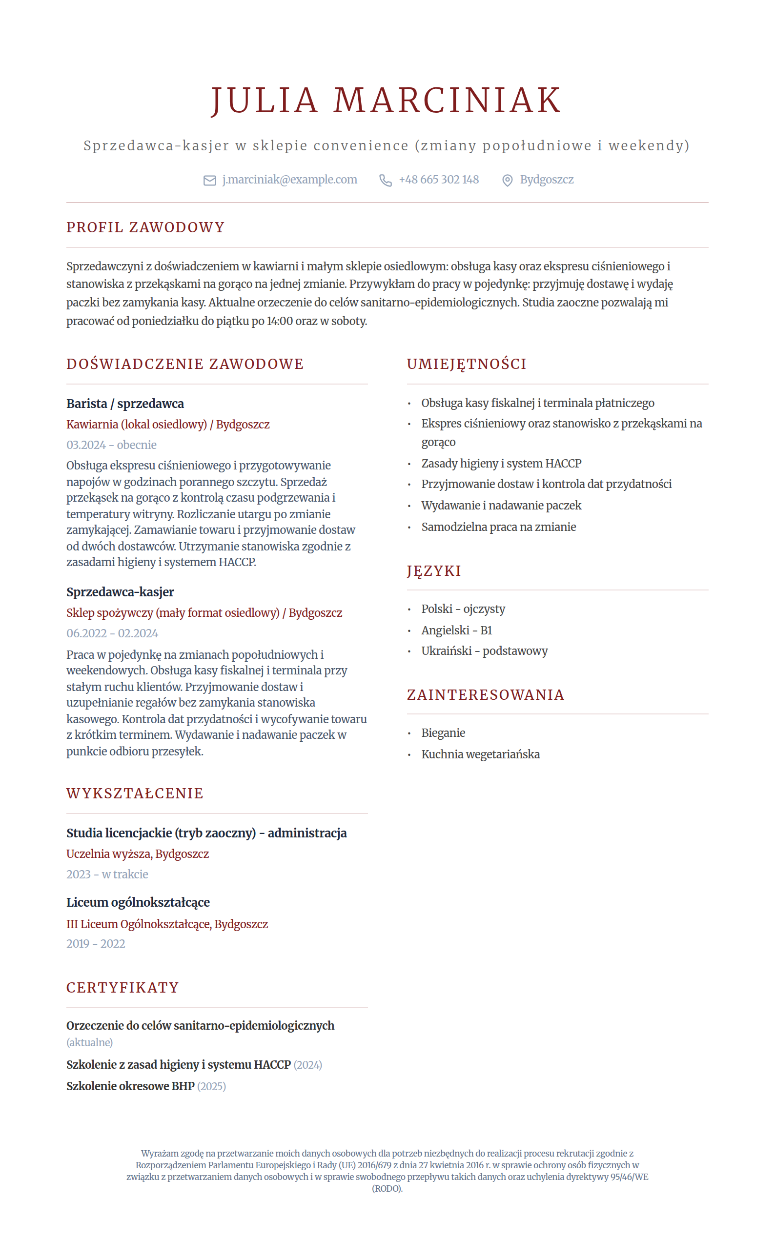 Wzór CV do sklepu convenience - przykład wypełnionego CV sprzedawcy-kasjera