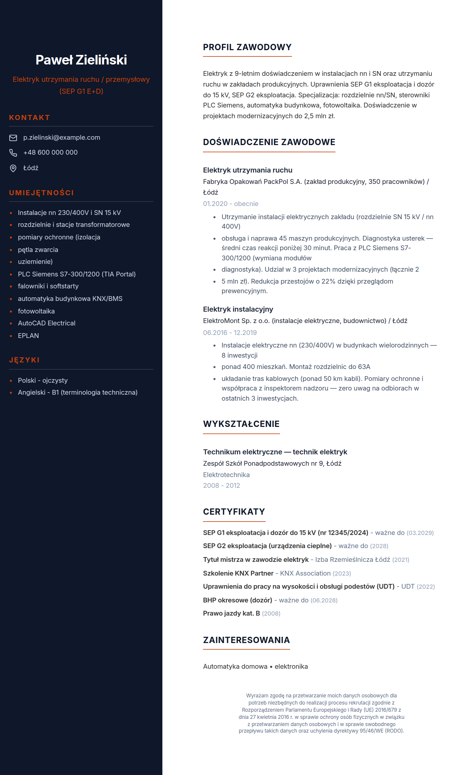 Wzór CV elektryka z uprawnieniami SEP G1 - wypełniony przykład