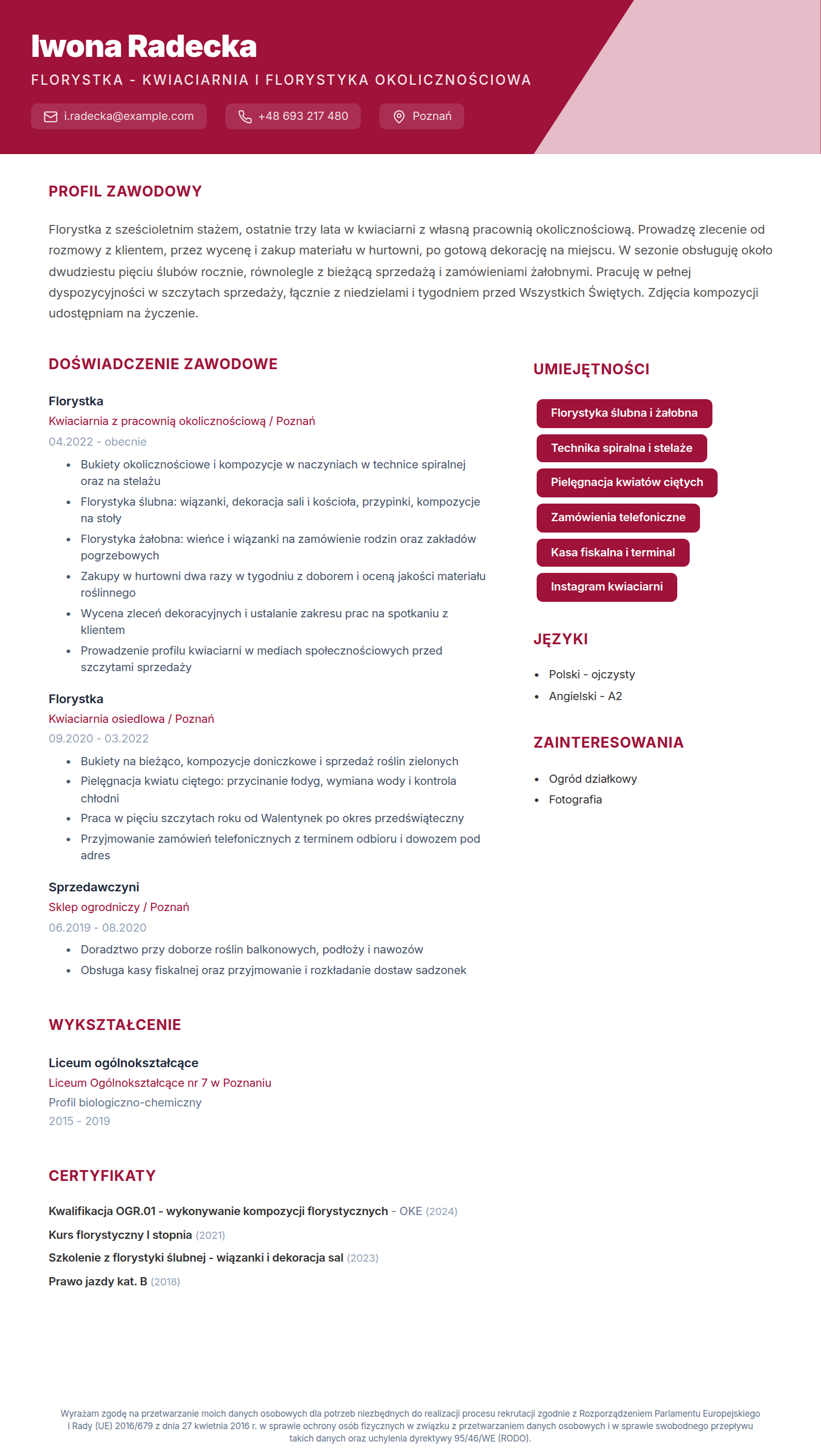 Wzór CV florystki - wypełniony przykład