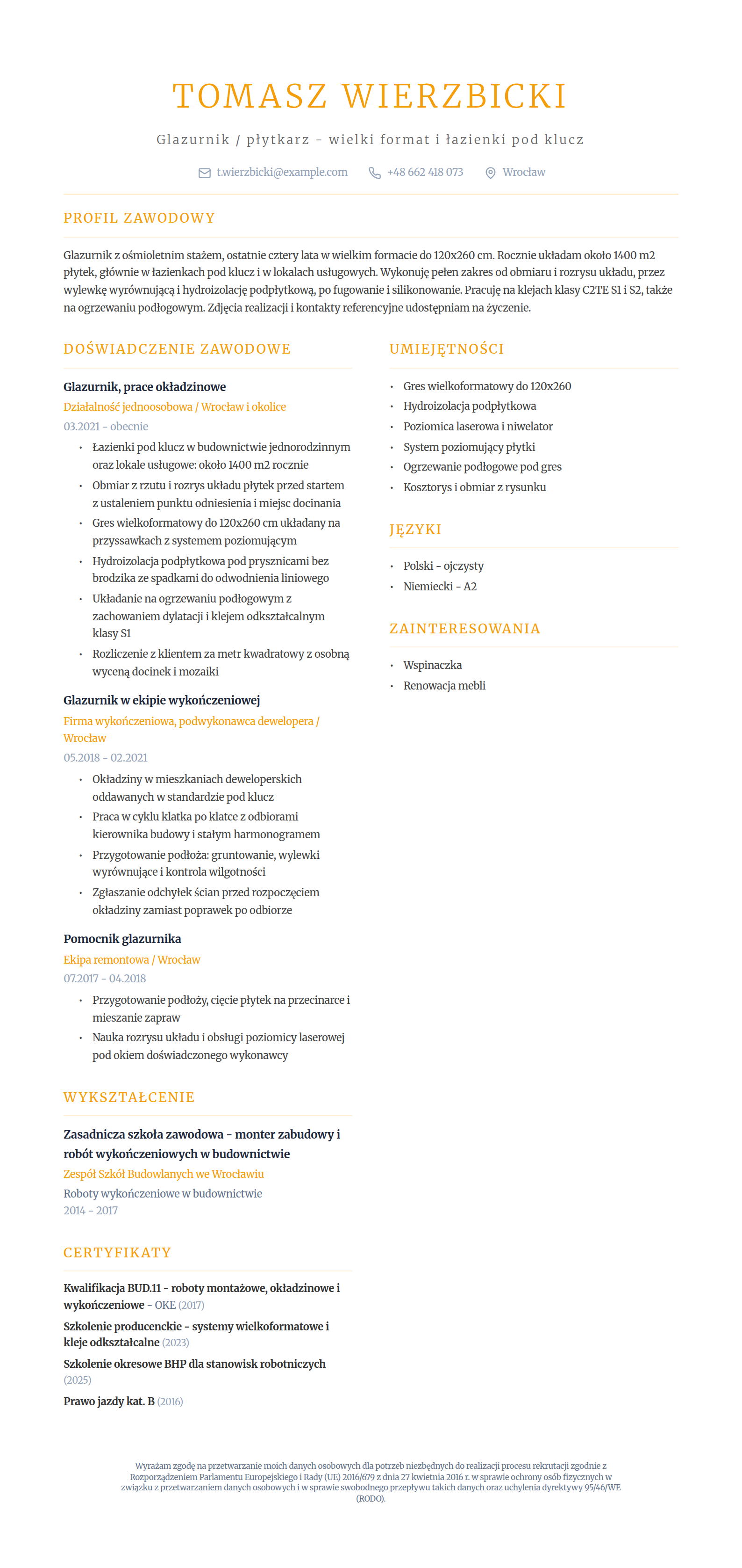 Wzór CV glazurnika - wypełniony przykład na jednej stronie