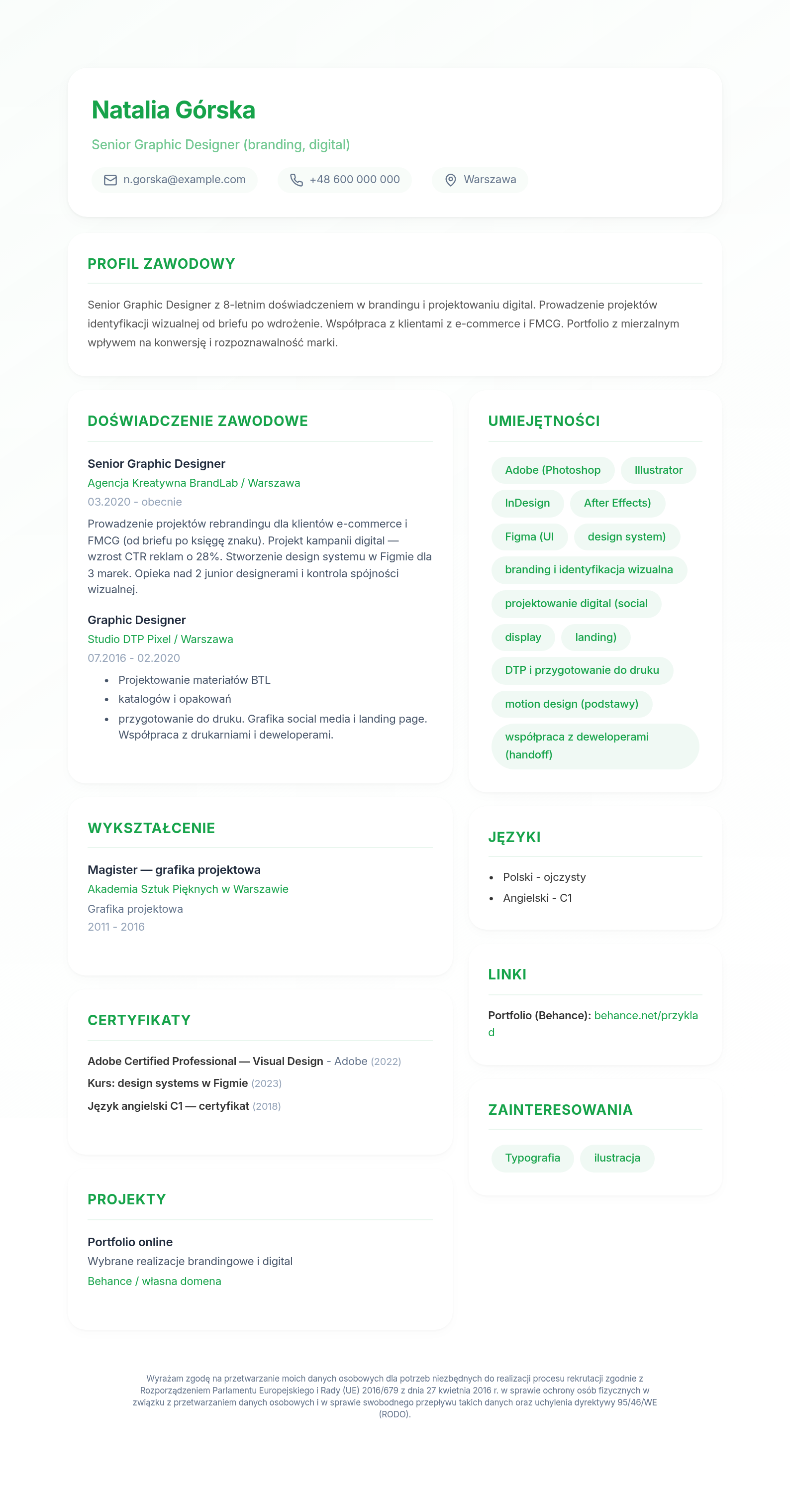 Wzór CV grafika z portfolio i narzędziami Adobe/Figma - wypełniony przykład