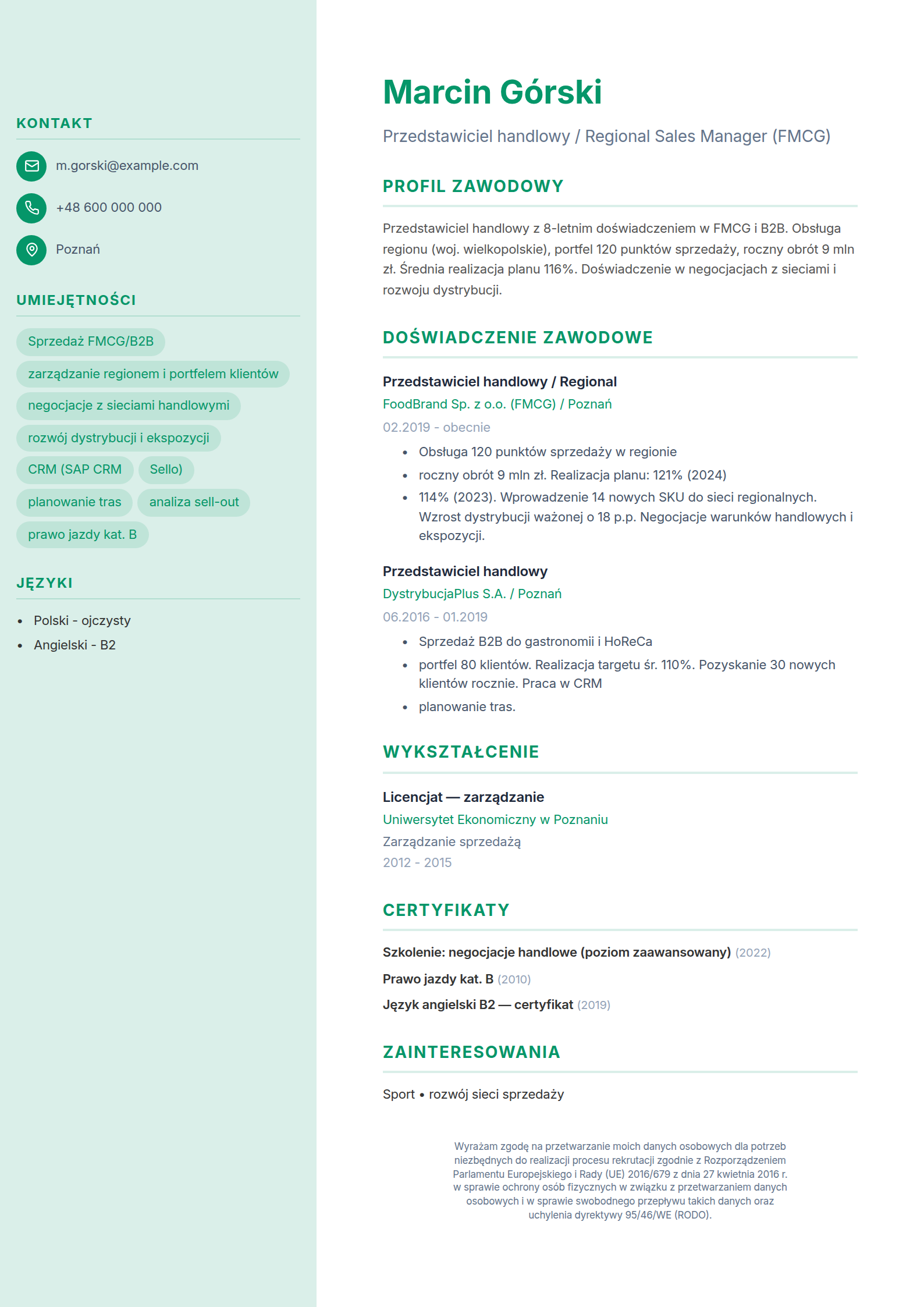 Wzór CV handlowca / przedstawiciela handlowego z wynikami sprzedażowymi - wypełniony przykład