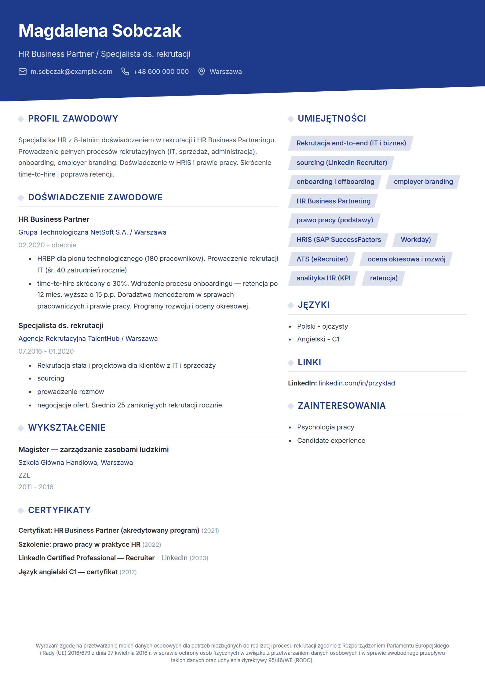 Wzór CV HR-owca - HR Business Partner i rekrutacja, wypełniony przykład