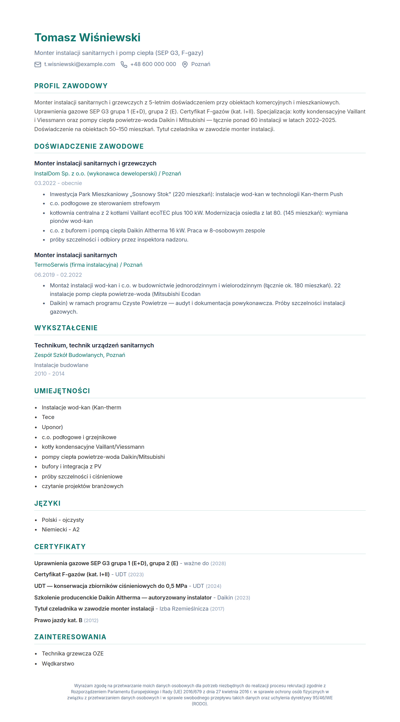 Wzór CV hydraulika z uprawnieniami gazowymi SEP G3 i F-gazami - wypełniony przykład