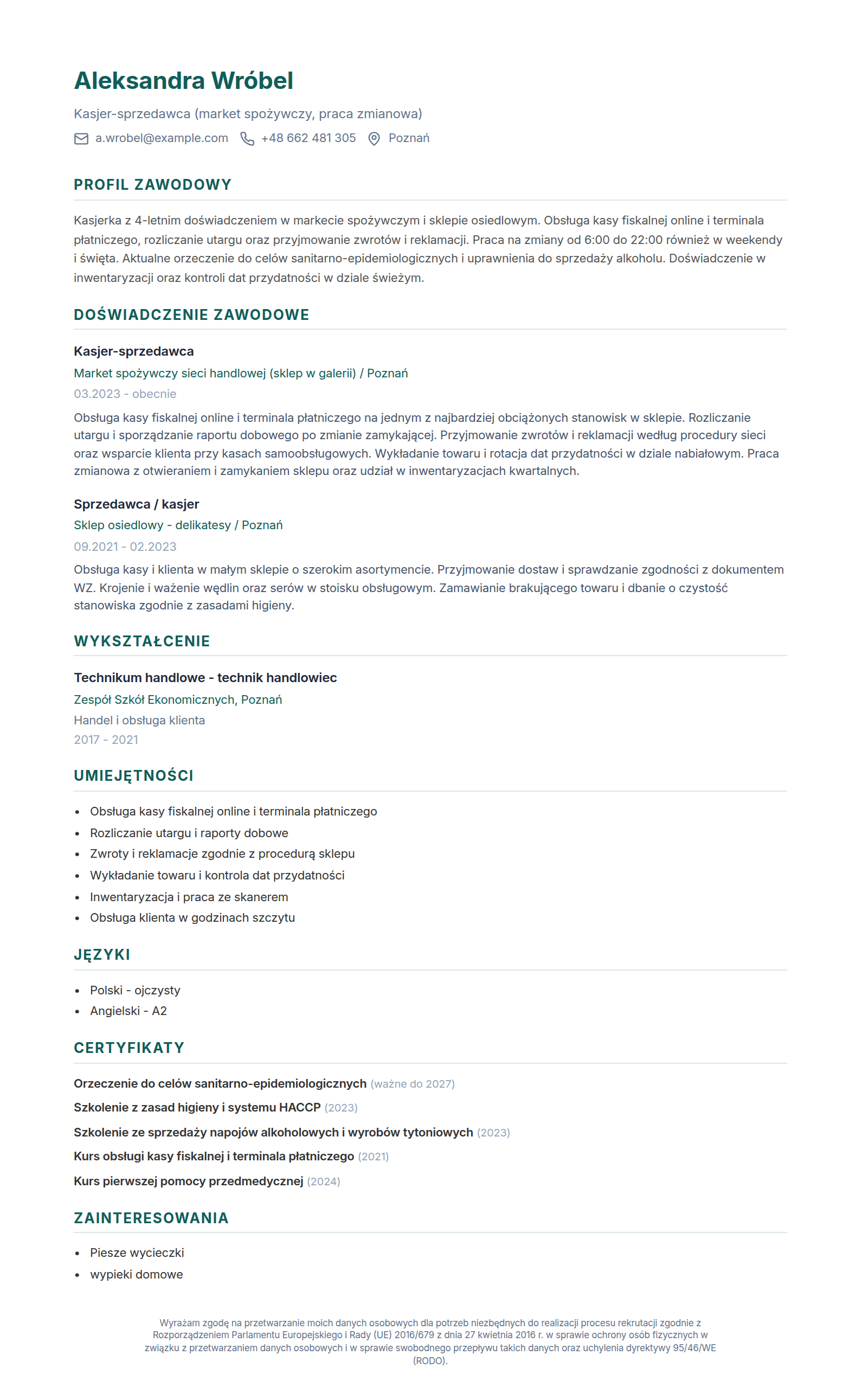 Wzór CV kasjerki - jednokolumnowy szablon z profilem zawodowym, doświadczeniem i certyfikatami