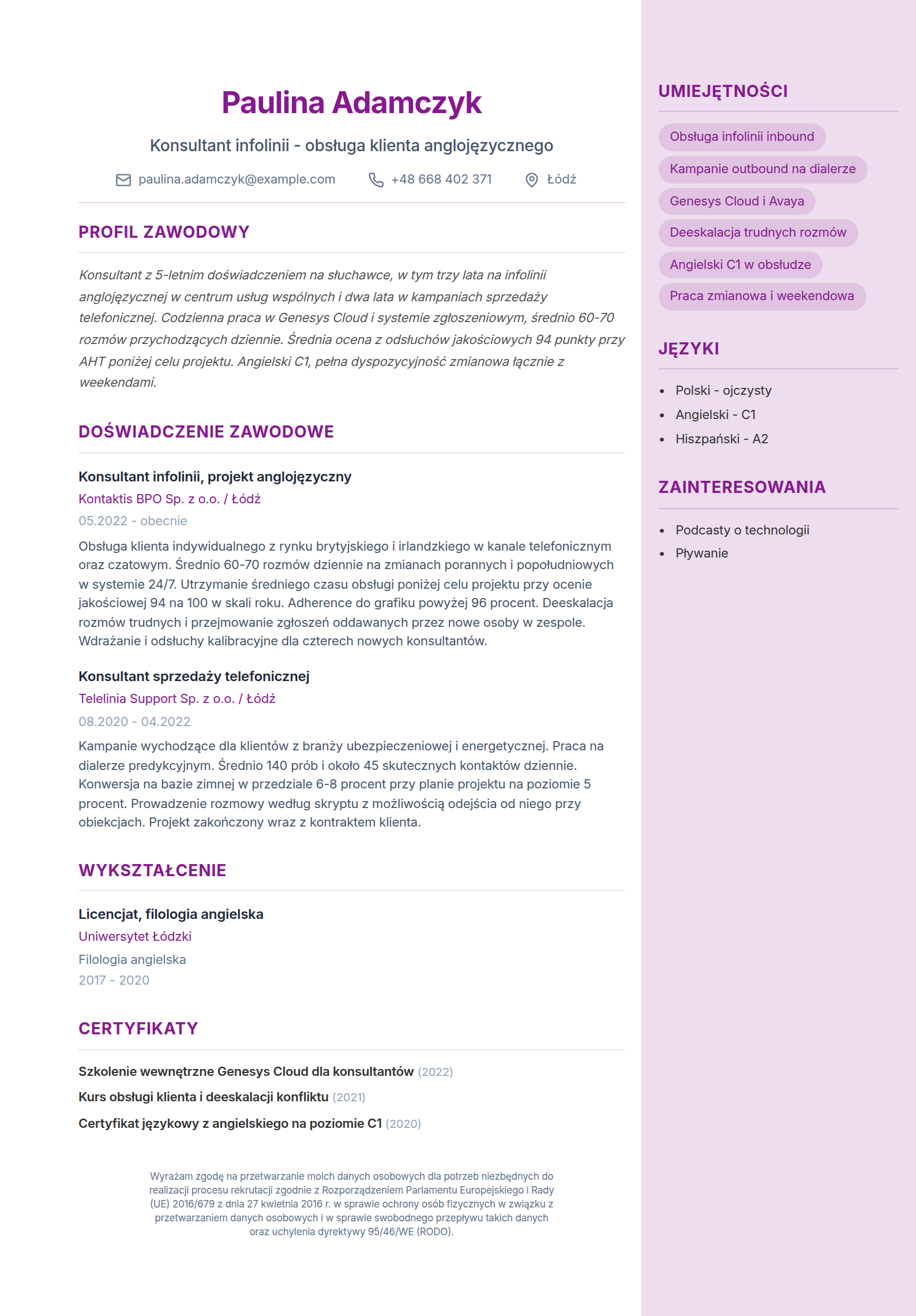 Wzór CV konsultanta call center - profil, doświadczenie na infolinii i w kampaniach outbound, metryki AHT i konwersji oraz systemy Genesys i Avaya