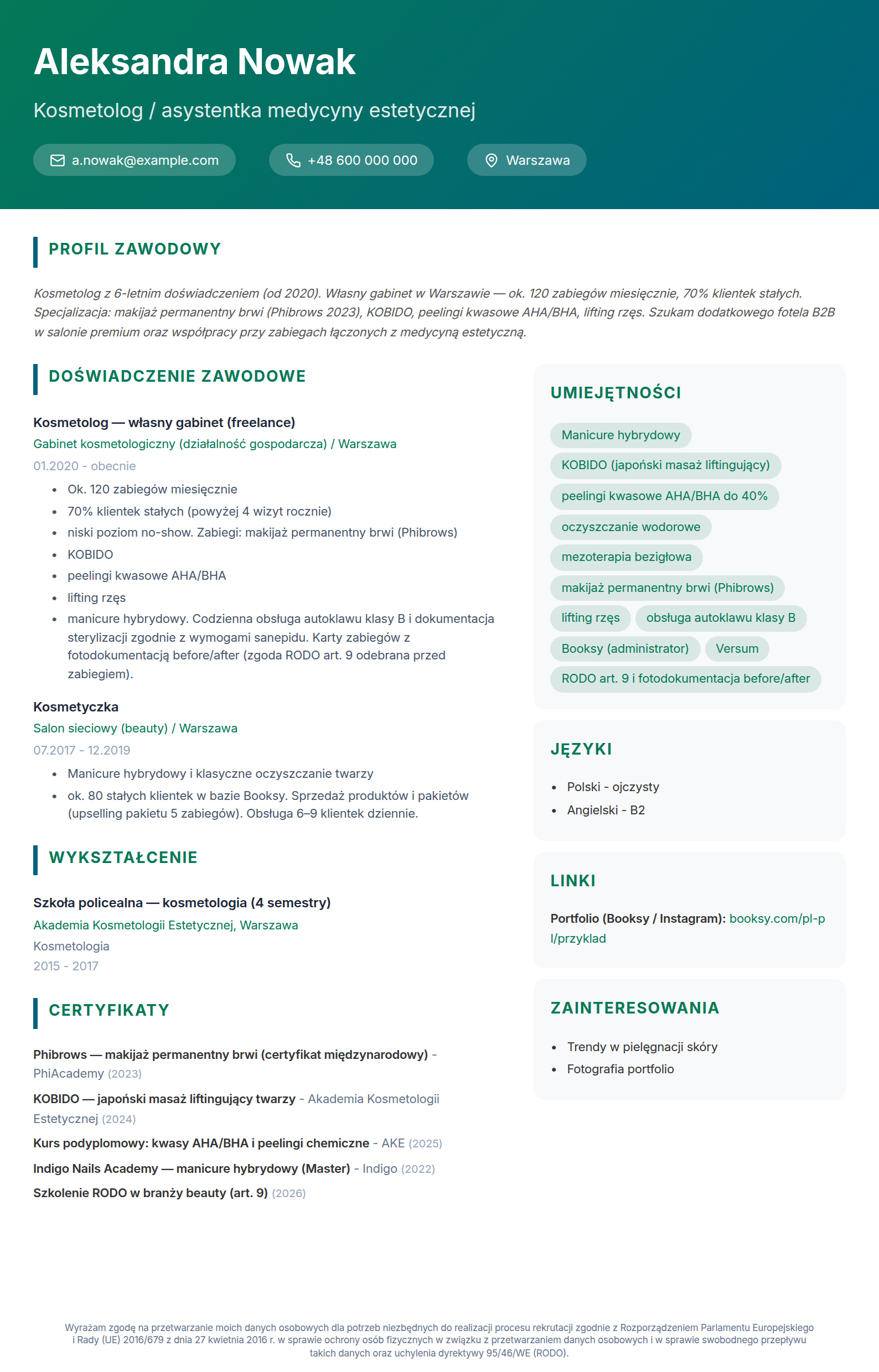 Wzór CV kosmetyczki z certyfikatami producenckimi i specjalizacją - wypełniony przykład