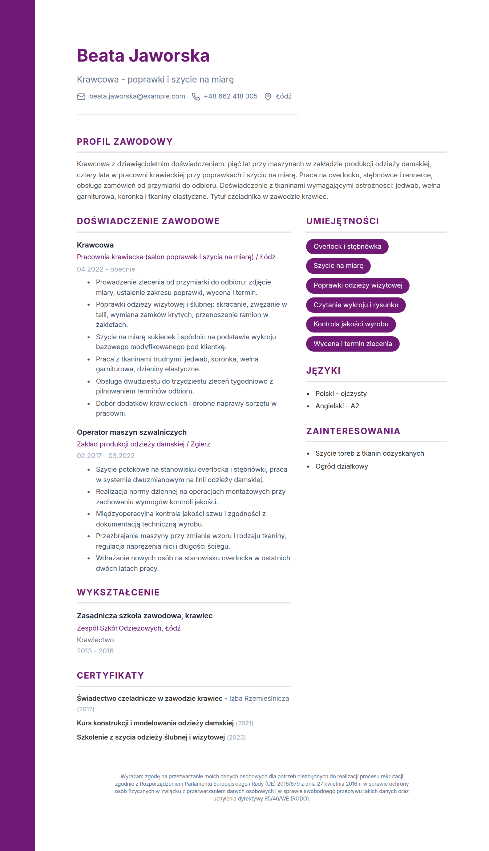 Wzór CV krawcowej - doświadczenie w pracowni krawieckiej i w szwalni, sekcja umiejętności z overlockiem i szyciem na miarę oraz świadectwo czeladnicze