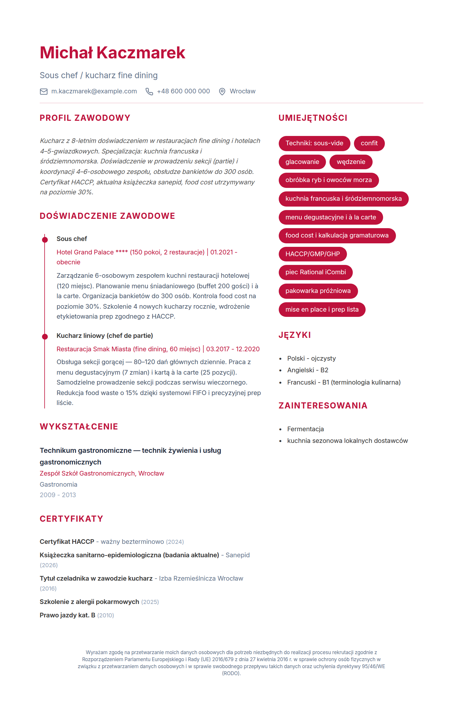 Wzór CV kucharza z certyfikatem HACCP i doświadczeniem fine dining - wypełniony przykład