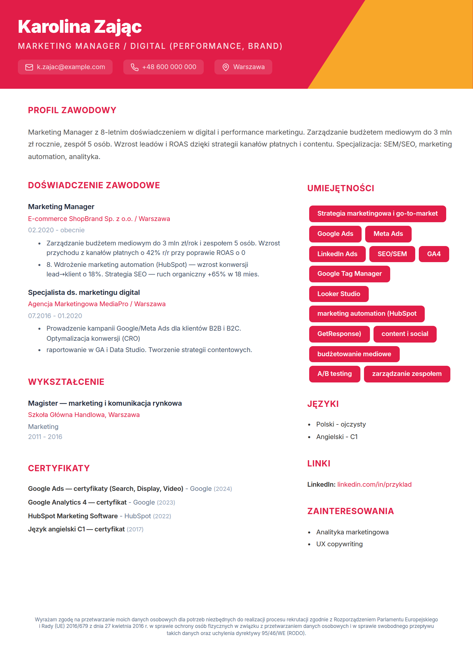 Wzór CV marketingowca z wynikami kampanii i narzędziami digital - wypełniony przykład