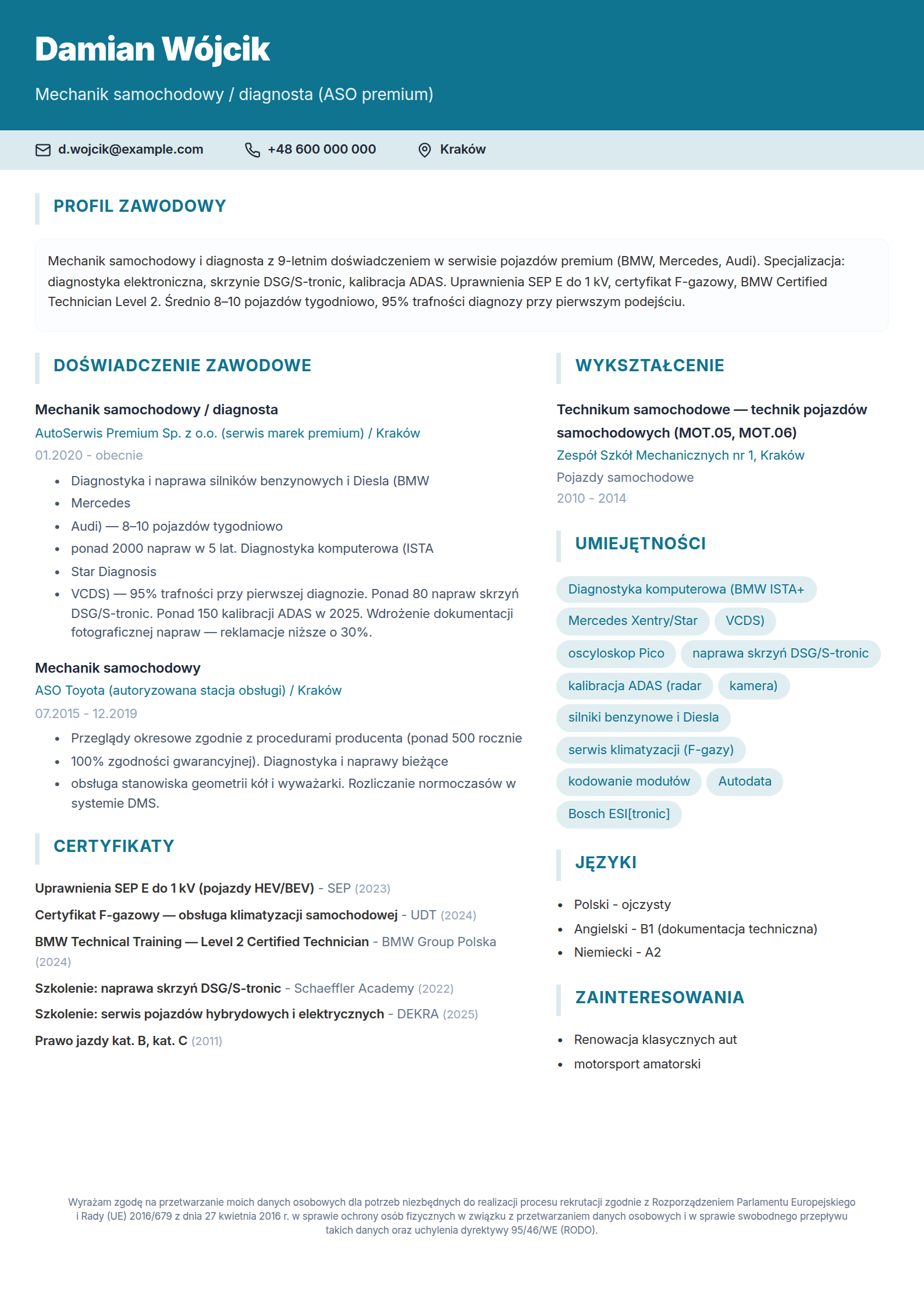 Wzór CV mechanika samochodowego z uprawnieniami SEP i F-gazami - wypełniony przykład