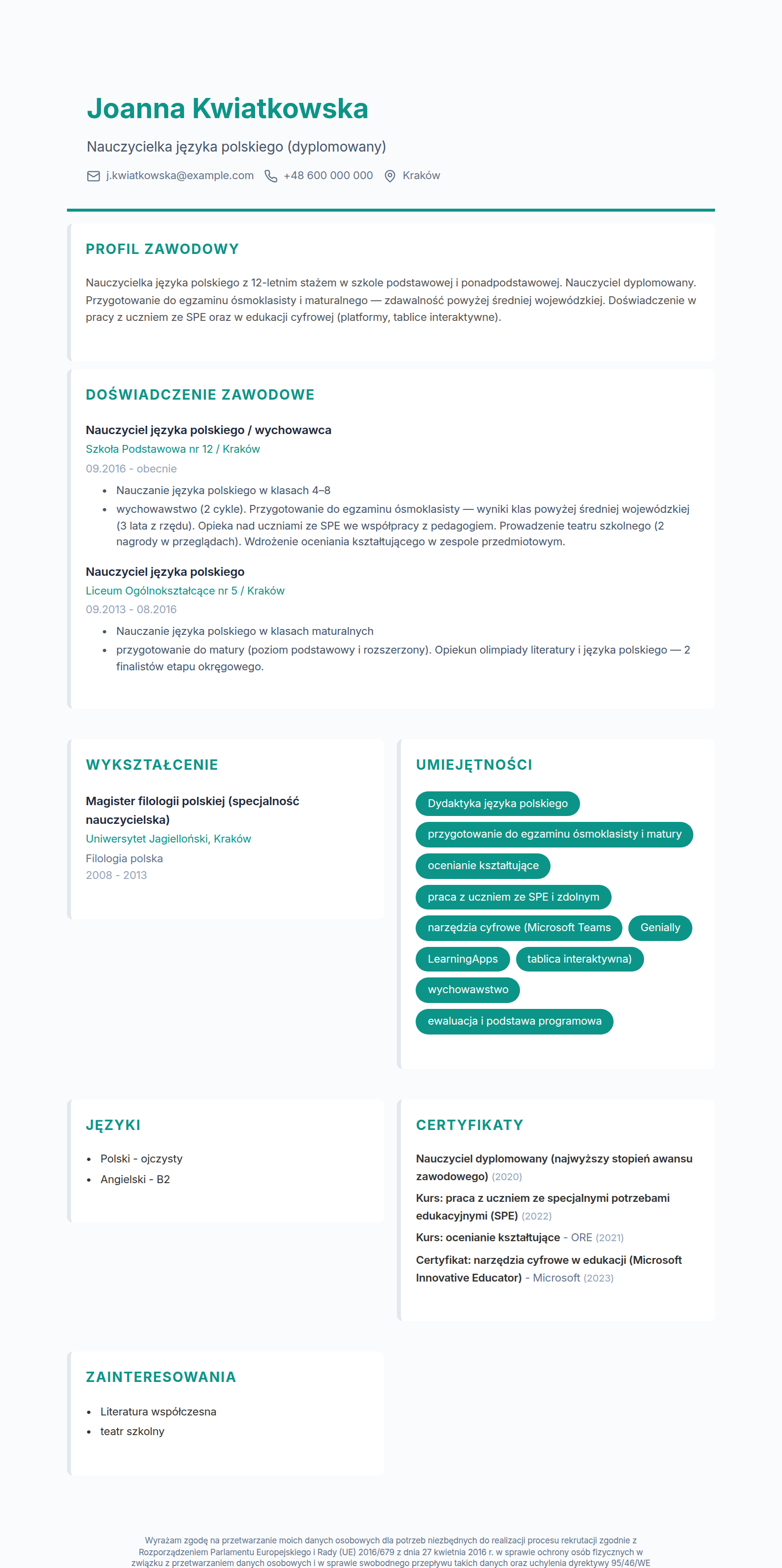 Wzór CV nauczyciela dyplomowanego z awansem zawodowym - wypełniony przykład