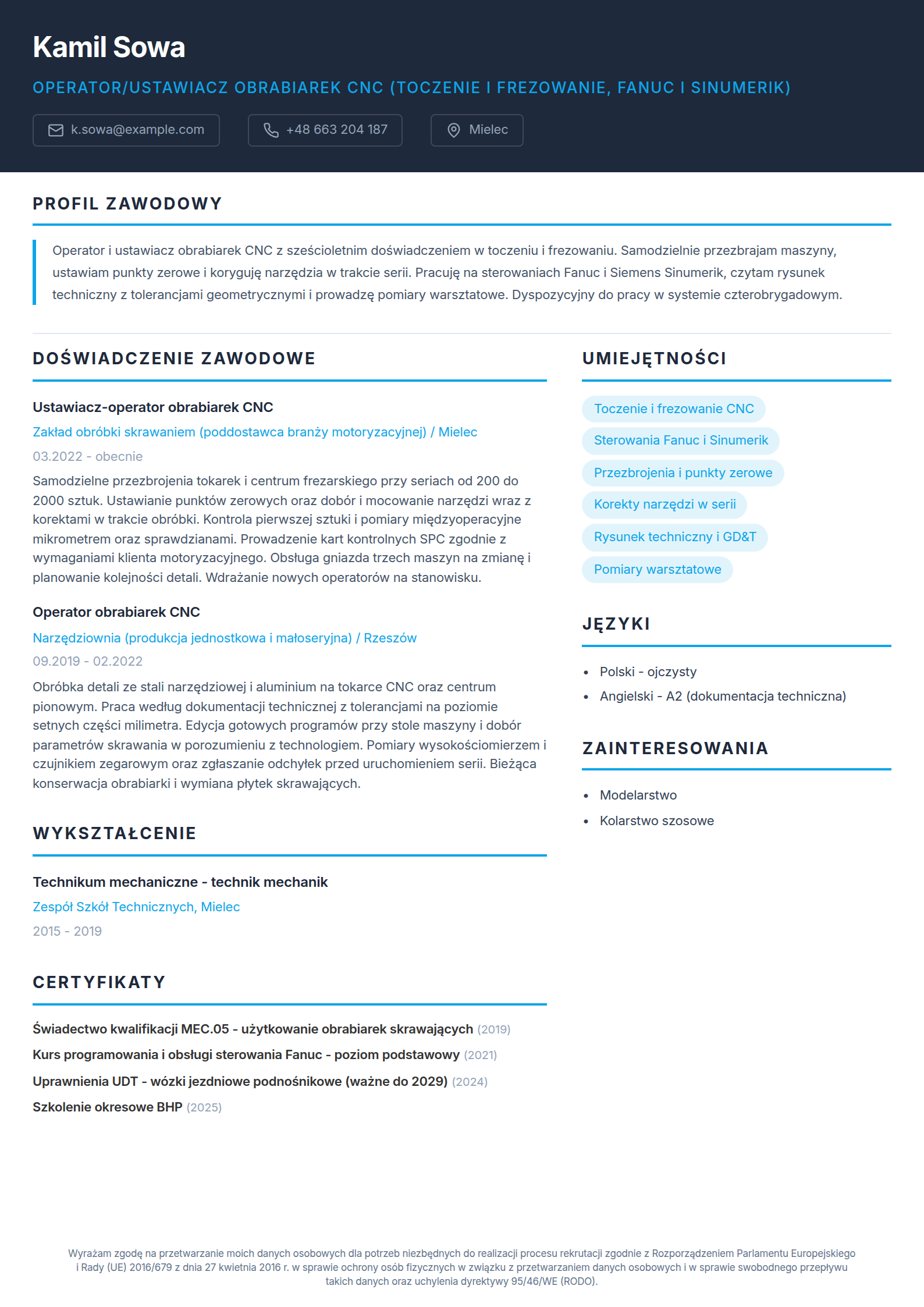 Wzór CV operatora CNC z sekcjami: profil zawodowy, doświadczenie, umiejętności i certyfikaty