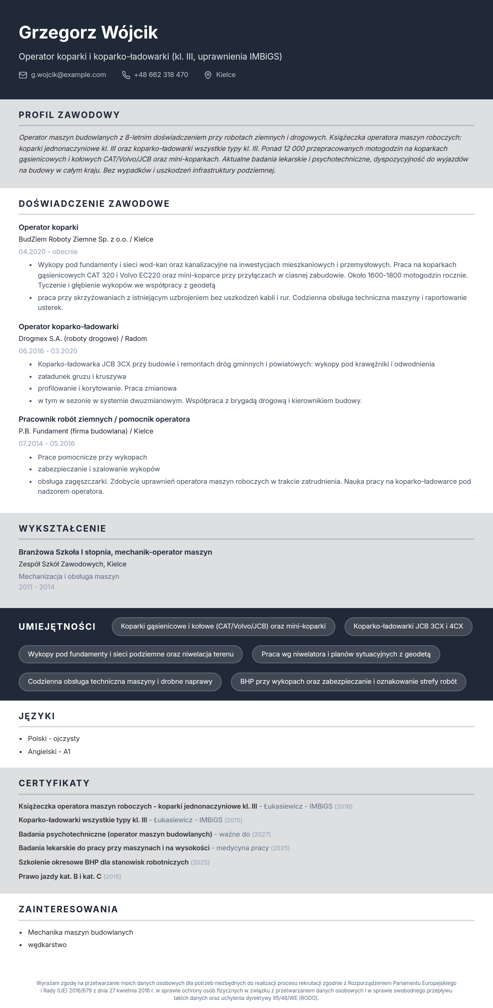 Przykładowe CV operatora koparki - wzór z uprawnieniami IMBiGS