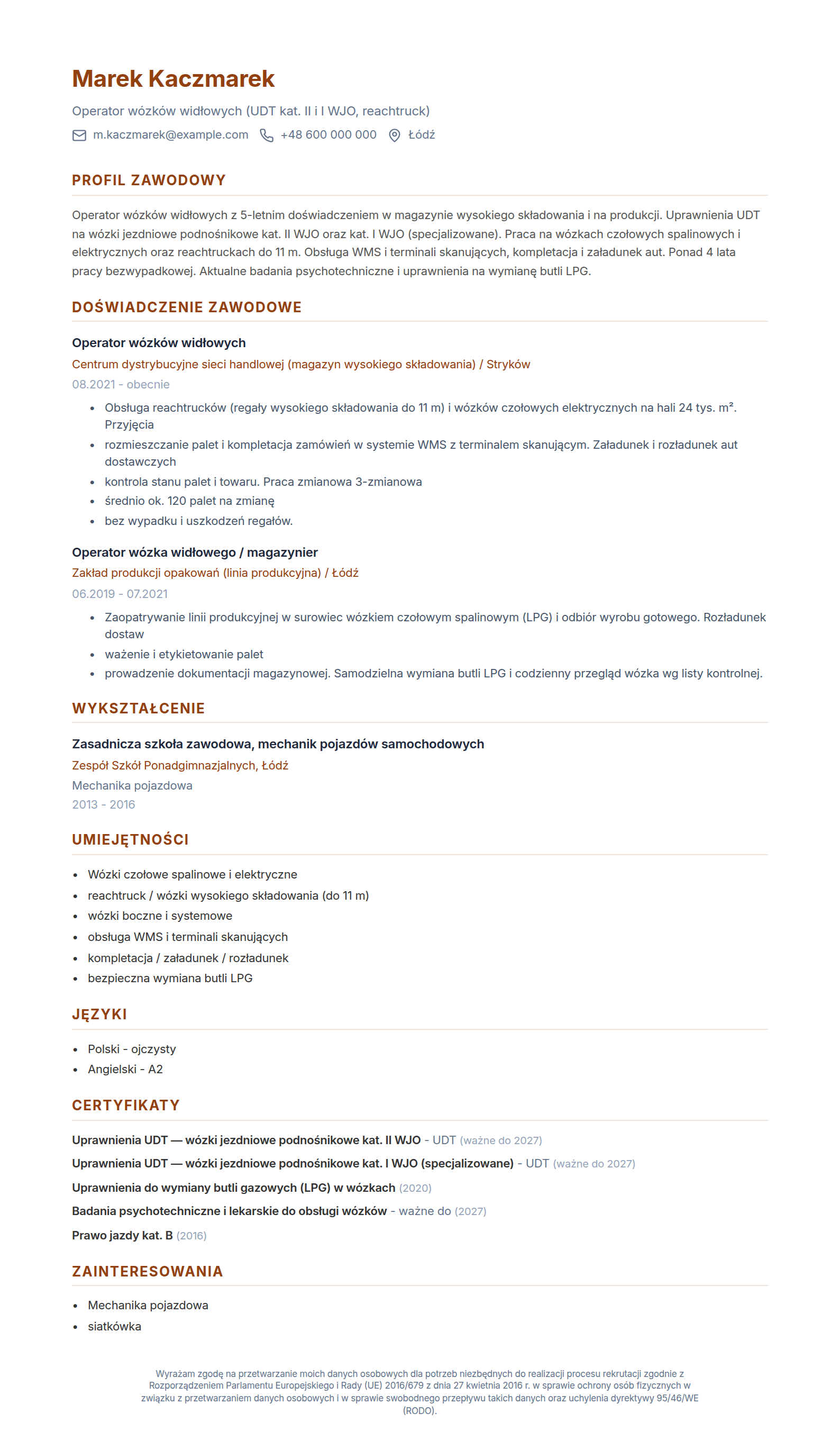 Wzór CV operatora wózków widłowych - UDT WJO kat. II i I, magazyn wysokiego składowania, wypełniony przykład