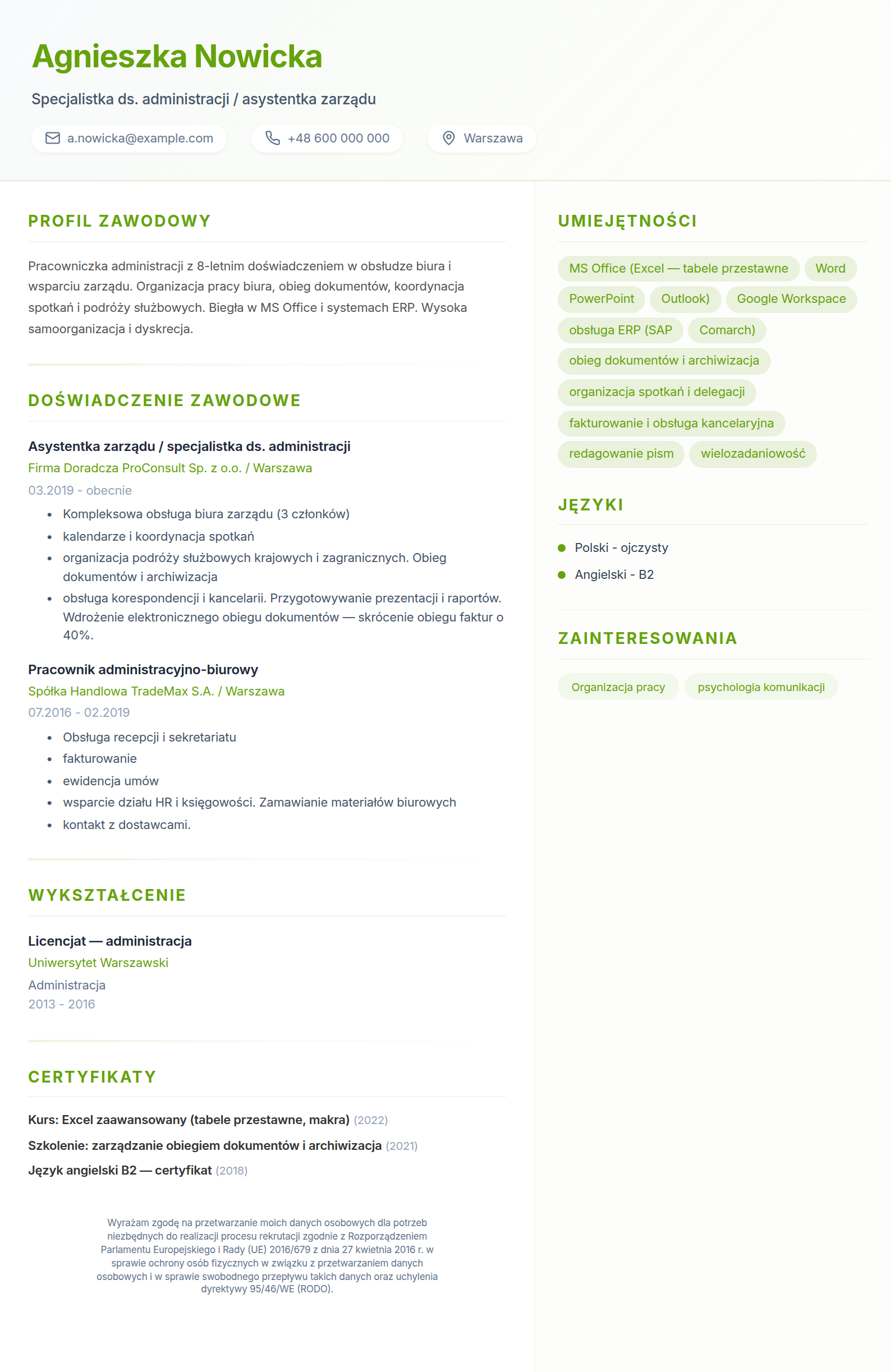 Wzór CV pracownika biurowego - asystentka zarządu z obsługą ERP, wypełniony przykład