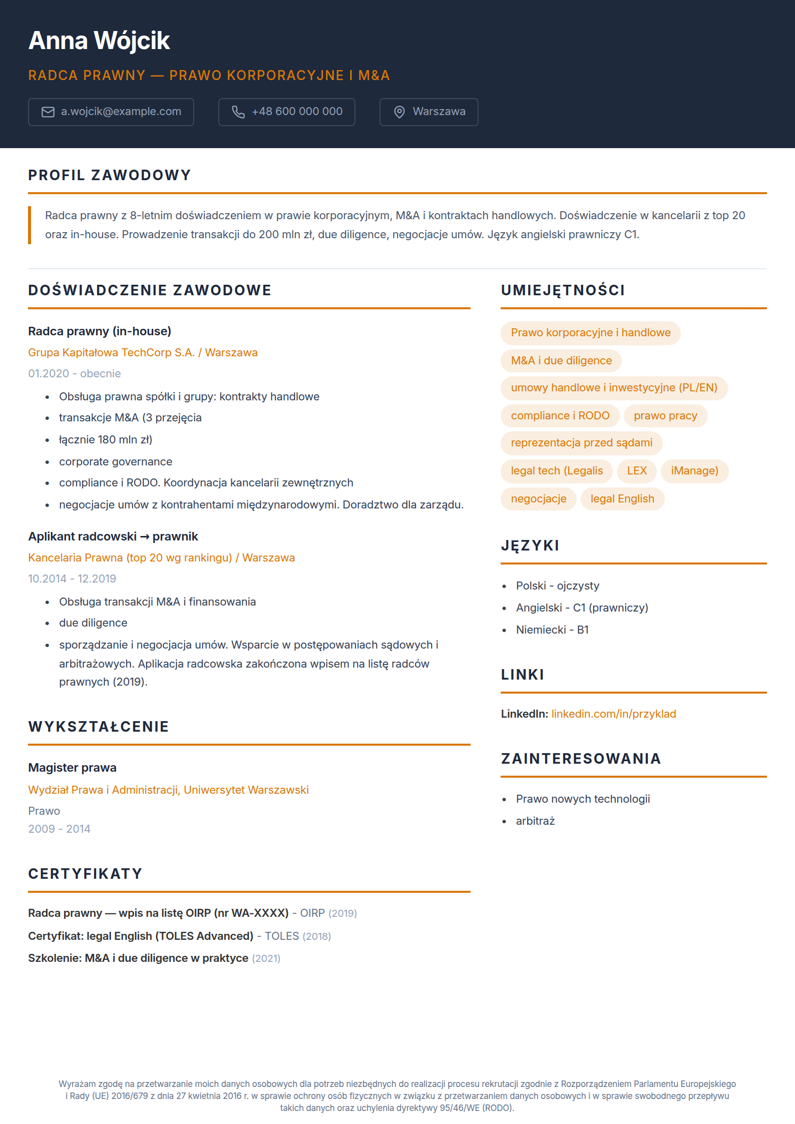 Wzór CV prawnika - radca prawny z doświadczeniem M&A, wypełniony przykład