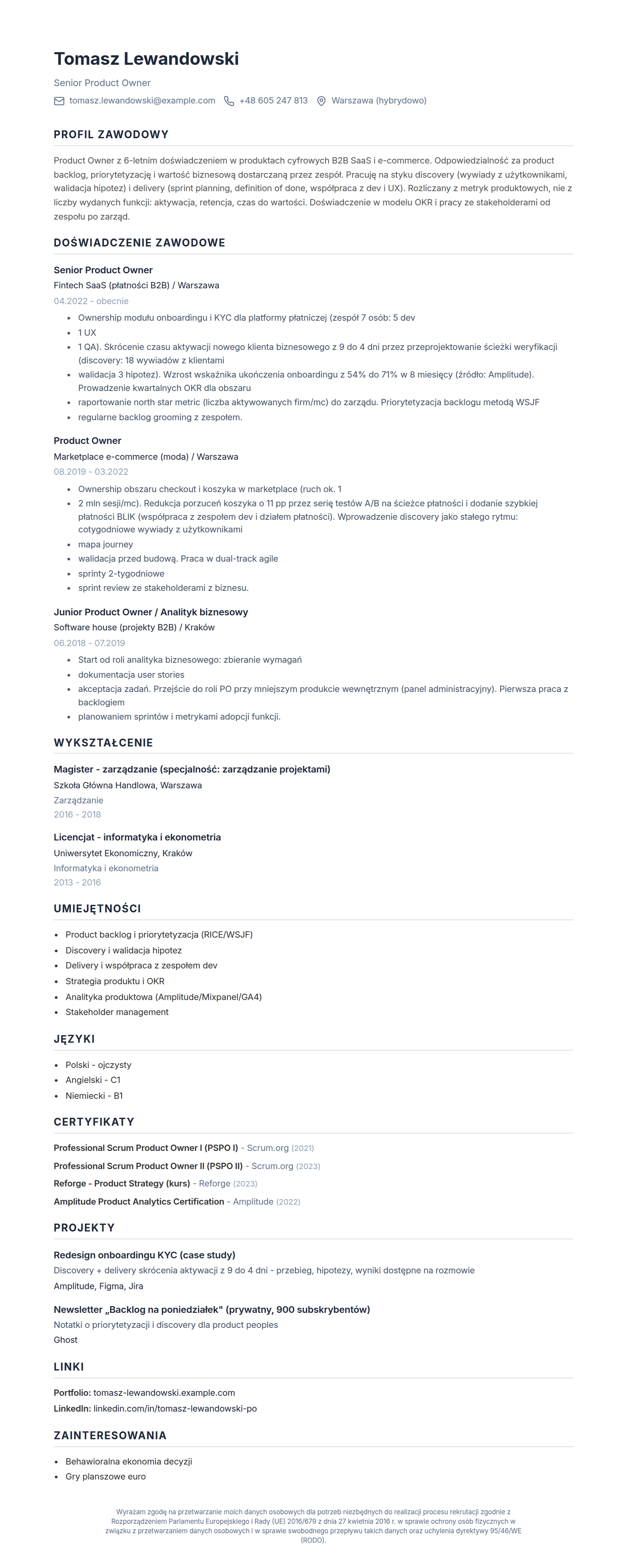Wzór CV product ownera (kliknij, aby powiększyć)
