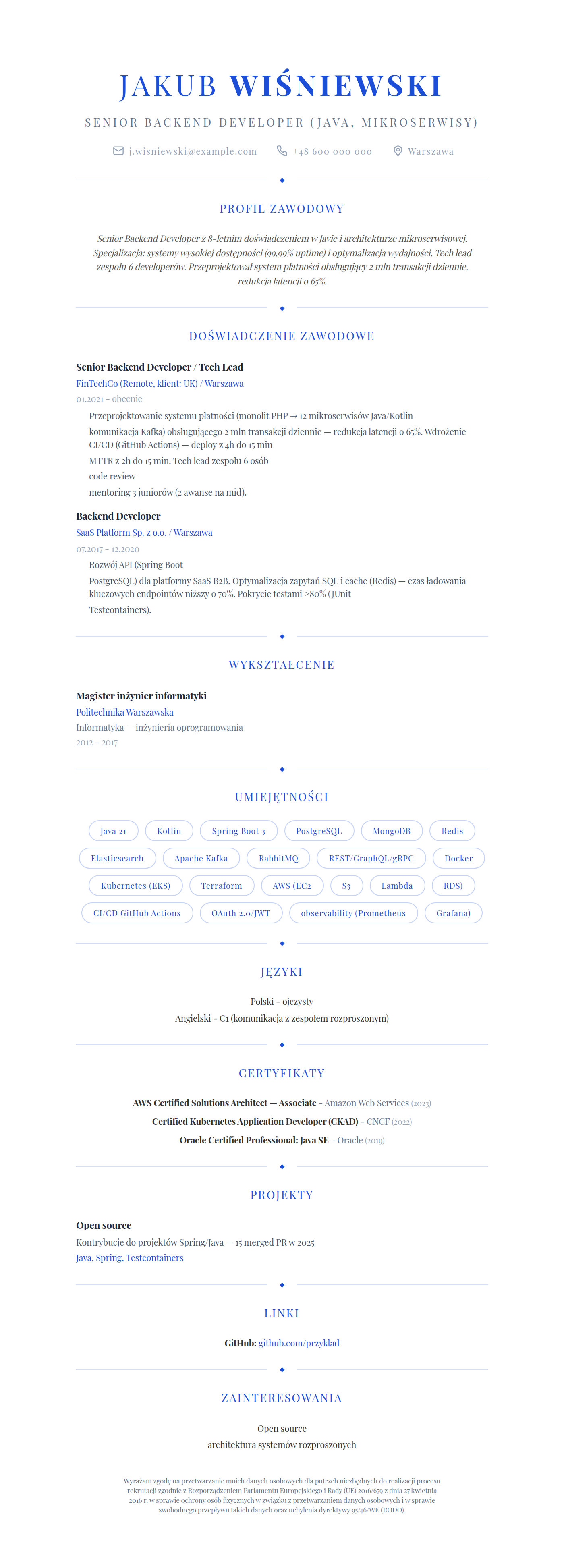 Wzór CV programisty senior backend Java - wypełniony przykład