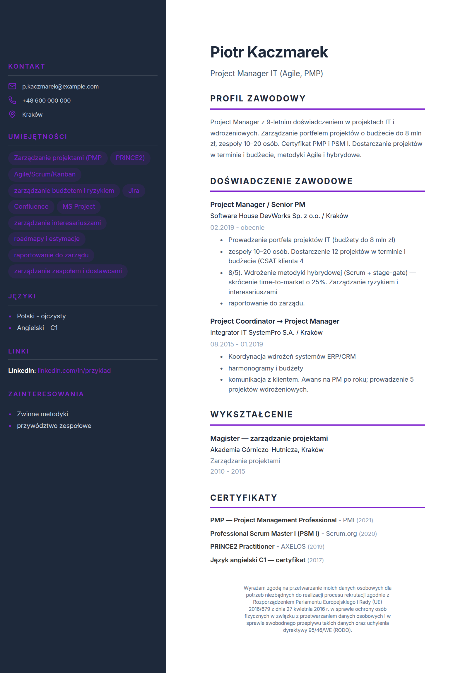Wzór CV project managera IT - certyfikaty PMP i PSM, wypełniony przykład