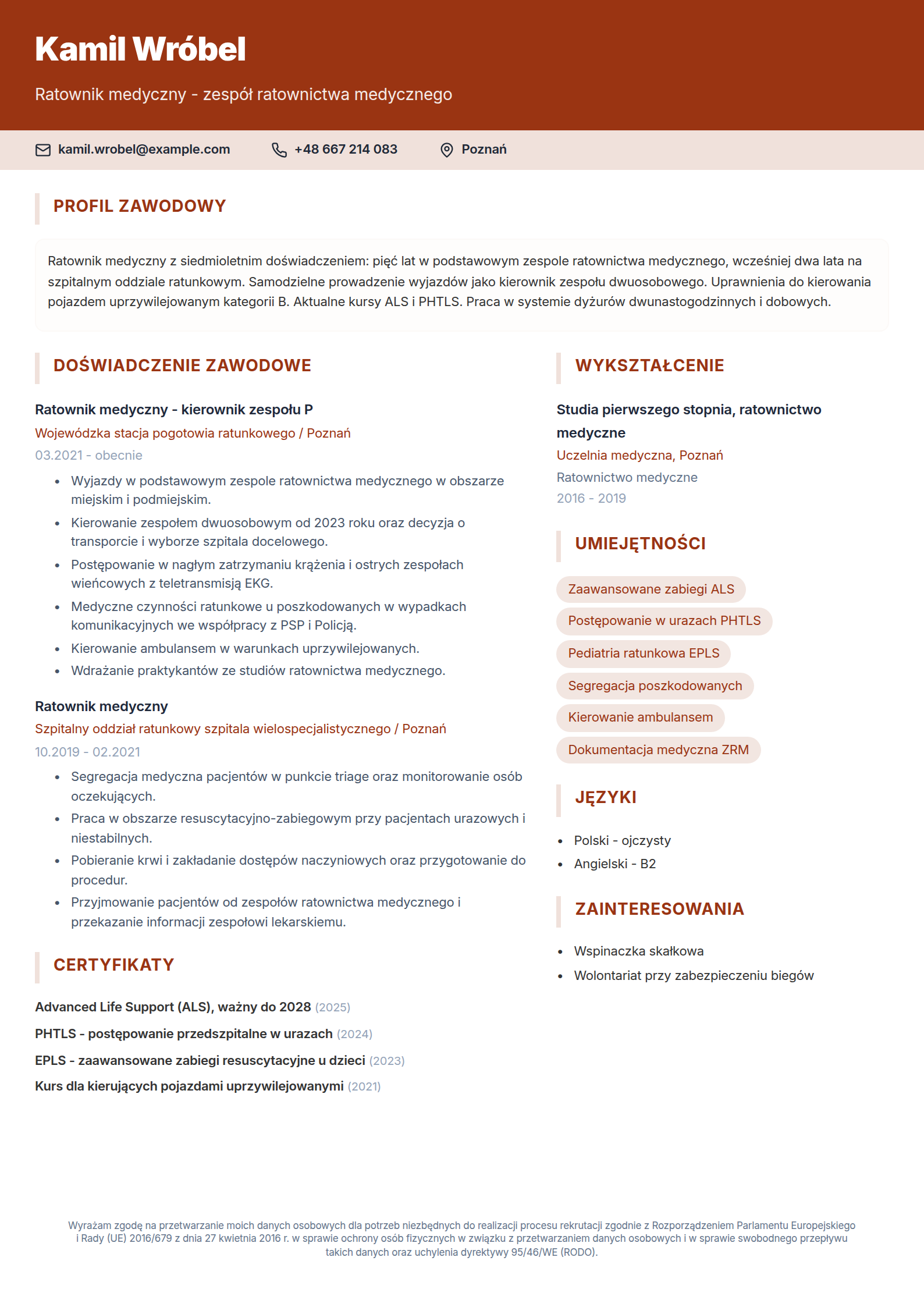 Wzór CV ratownika medycznego - doświadczenie w zespole ratownictwa medycznego i na SOR, kursy ALS, PHTLS i EPLS oraz uprawnienia do kierowania pojazdem uprzywilejowanym