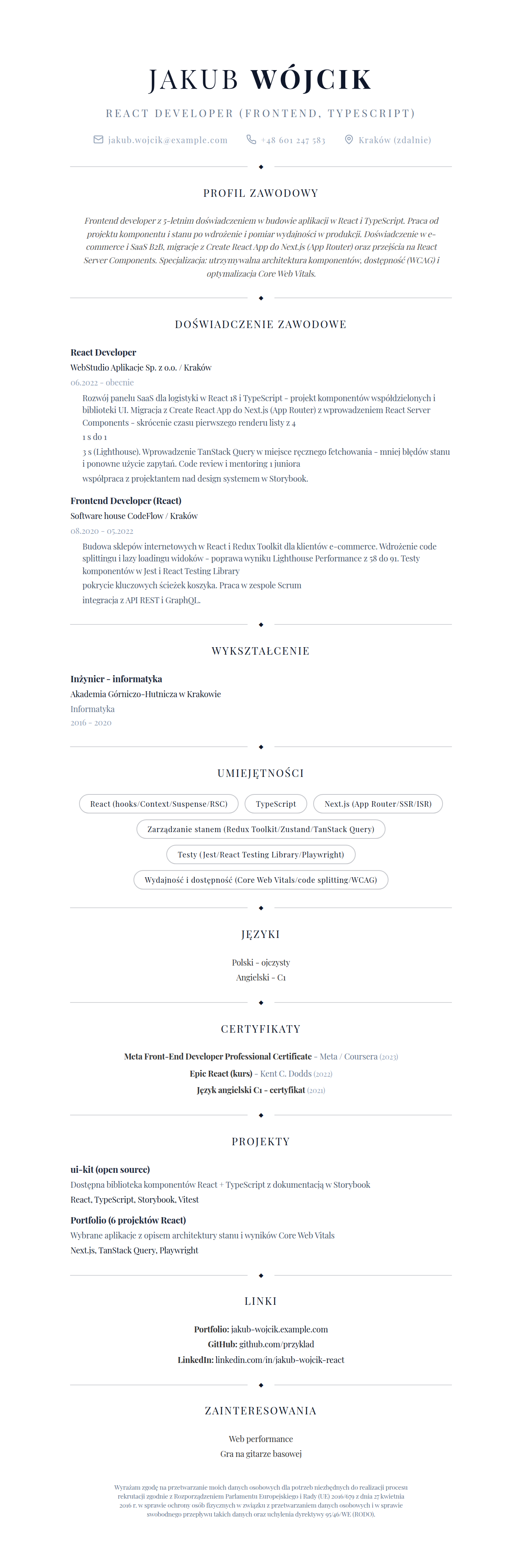 Wzór CV React developera - frontend z React, TypeScript i Next.js, wypełniony przykład
