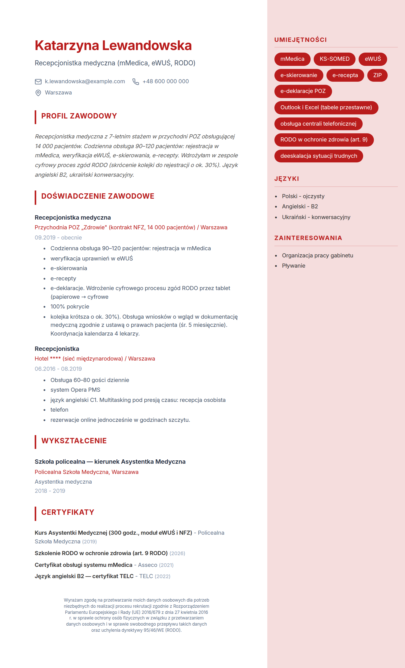 Wzór CV recepcjonistki medycznej - obsługa mMedica, eWUŚ i RODO, wypełniony przykład