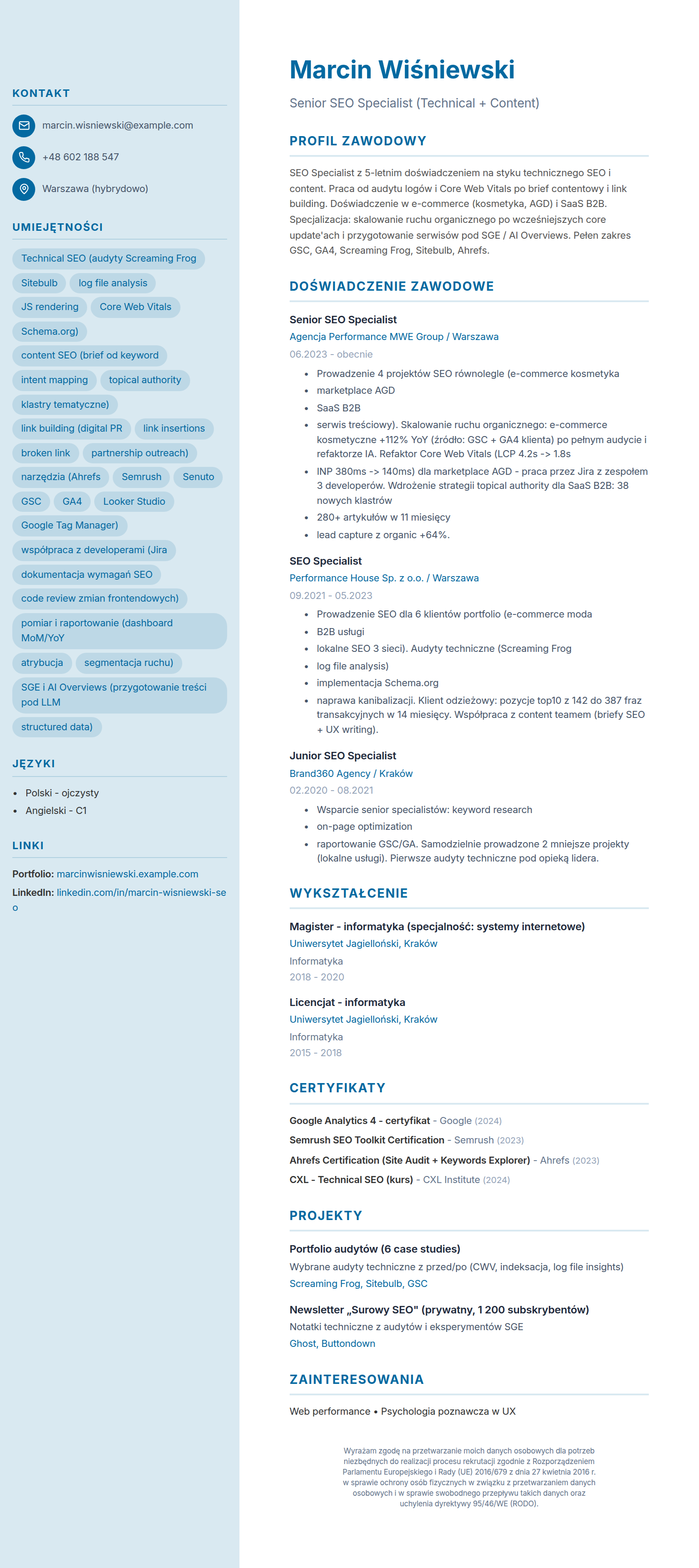 Wzór CV SEO specjalisty (kliknij, aby powiększyć)