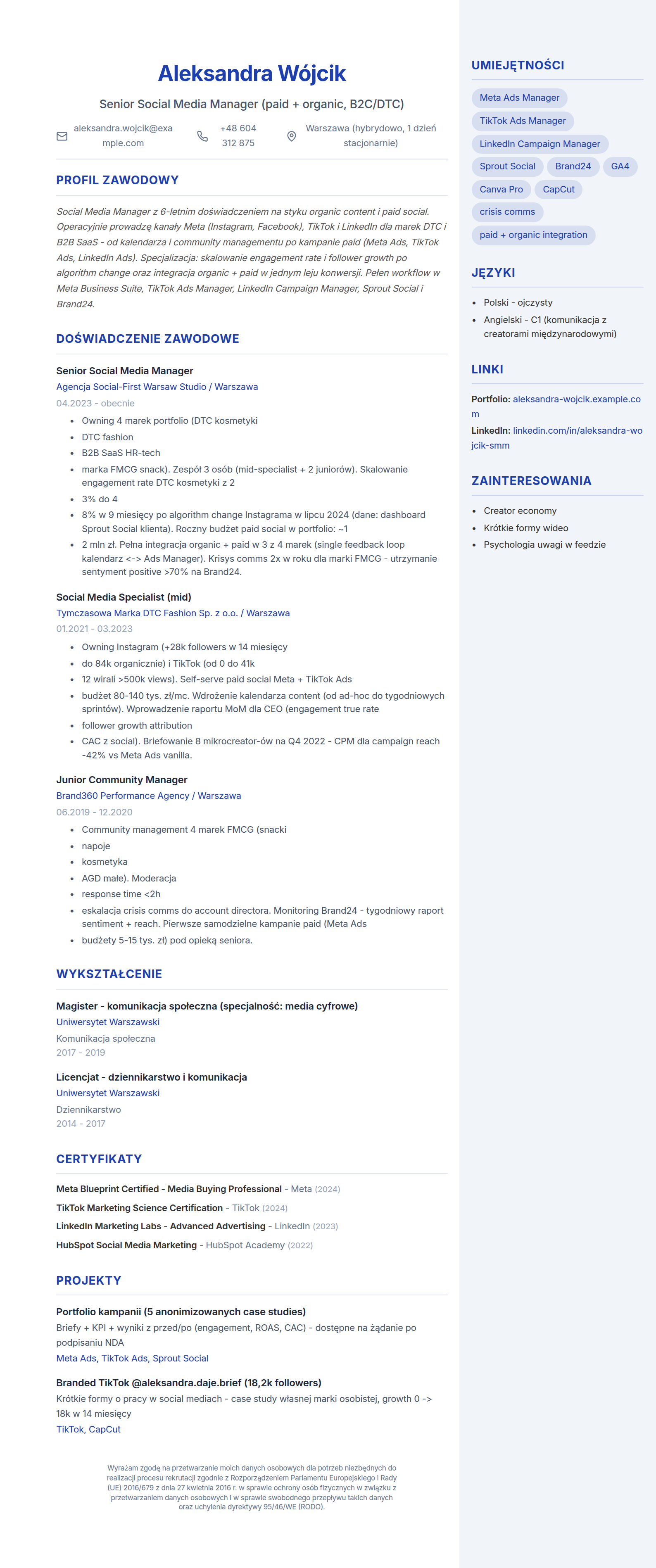 Wzór CV social media managera (kliknij, aby powiększyć)