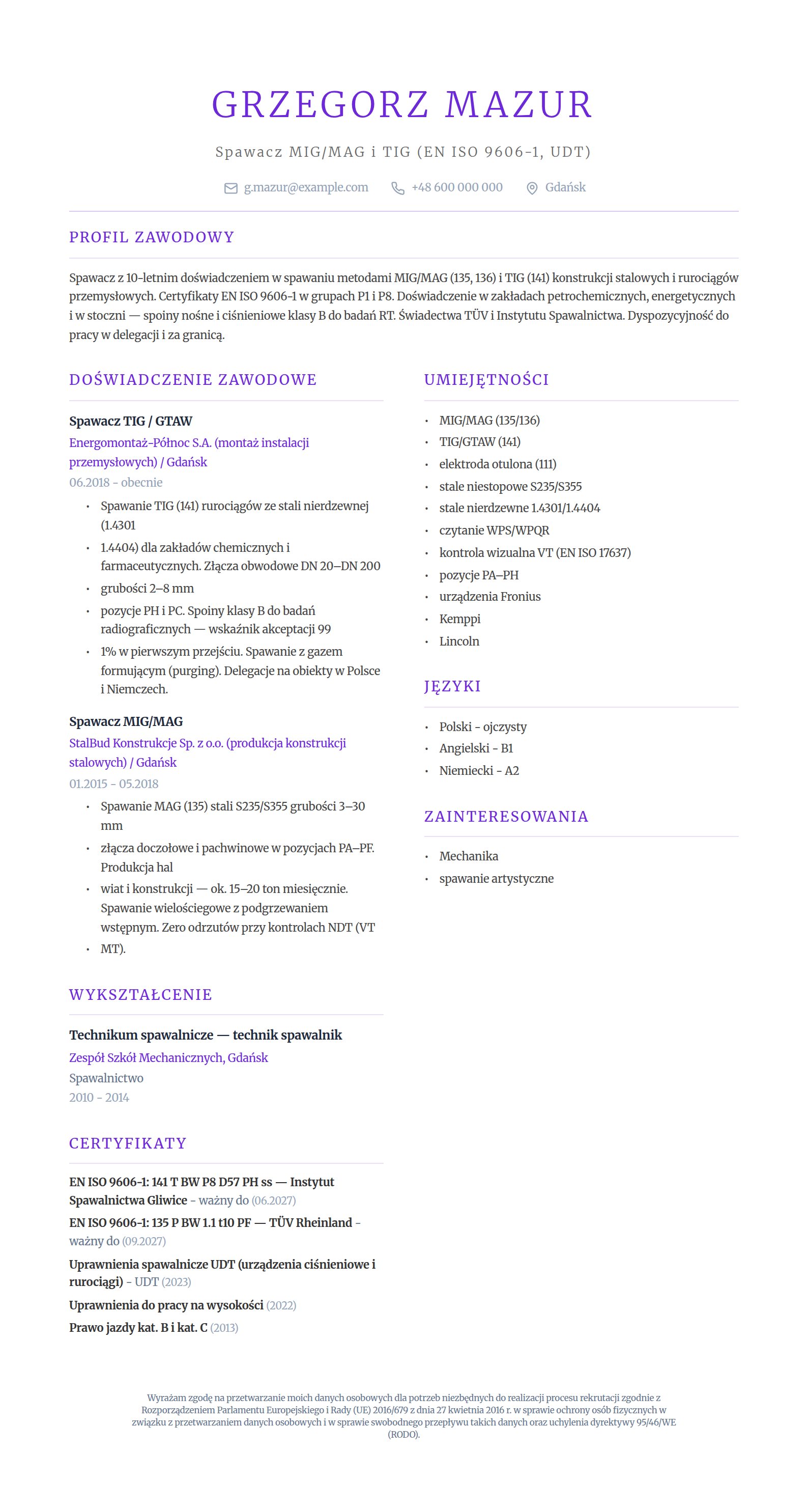 Wzór CV spawacza MIG/MAG i TIG z certyfikatami EN ISO 9606-1 - wypełniony przykład