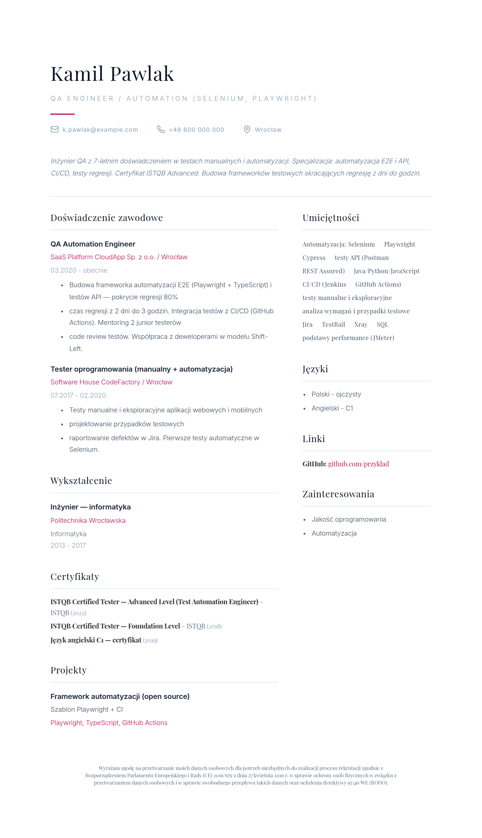 Wzór CV testera oprogramowania - QA automation z ISTQB, wypełniony przykład