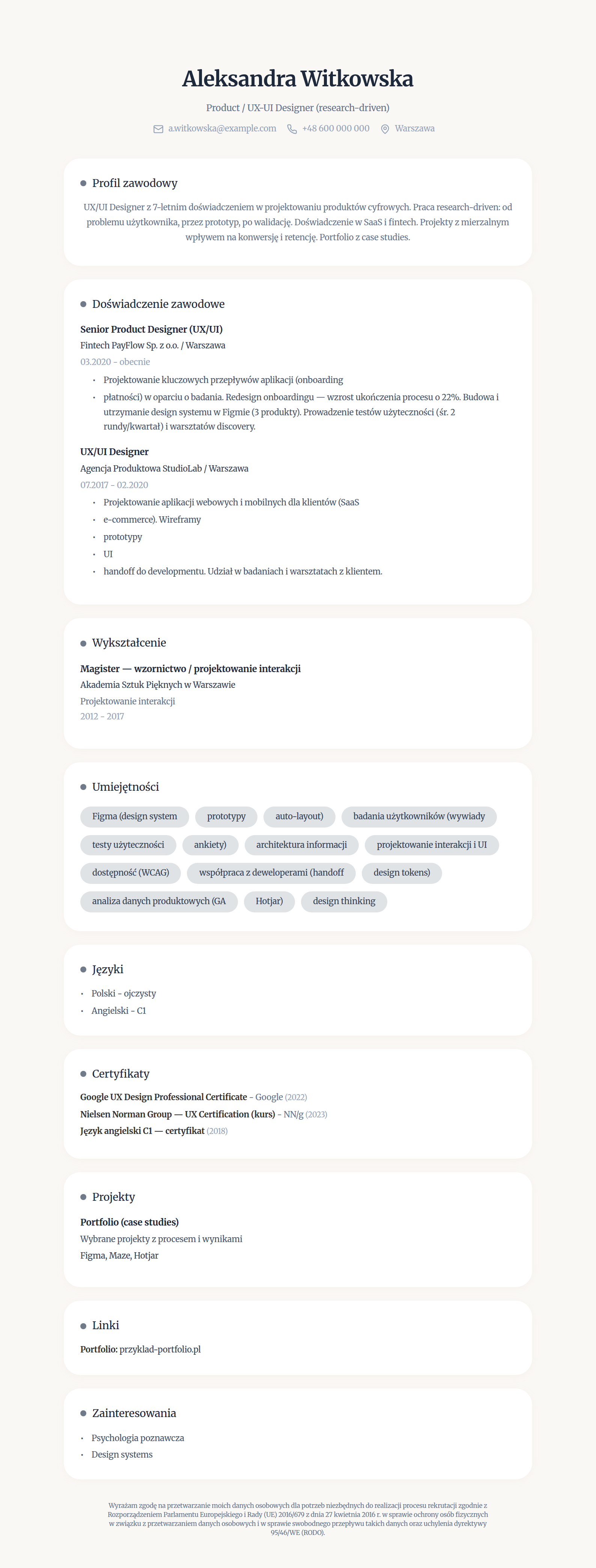 Wzór CV UX/UI designera - product designer z portfolio, wypełniony przykład