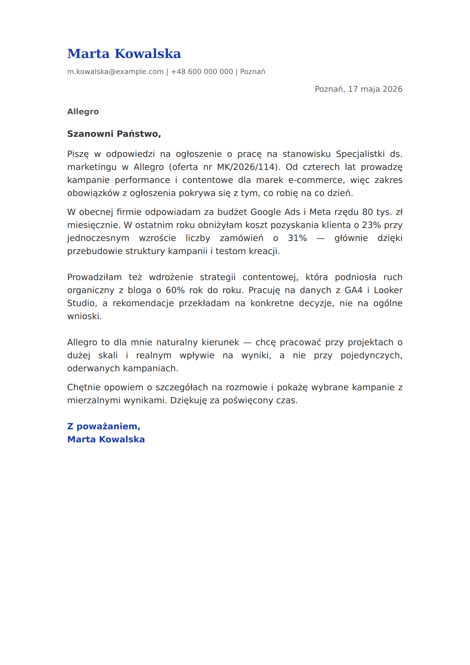 Wzór listu motywacyjnego na stanowisko marketingowe - wypełniony przykład