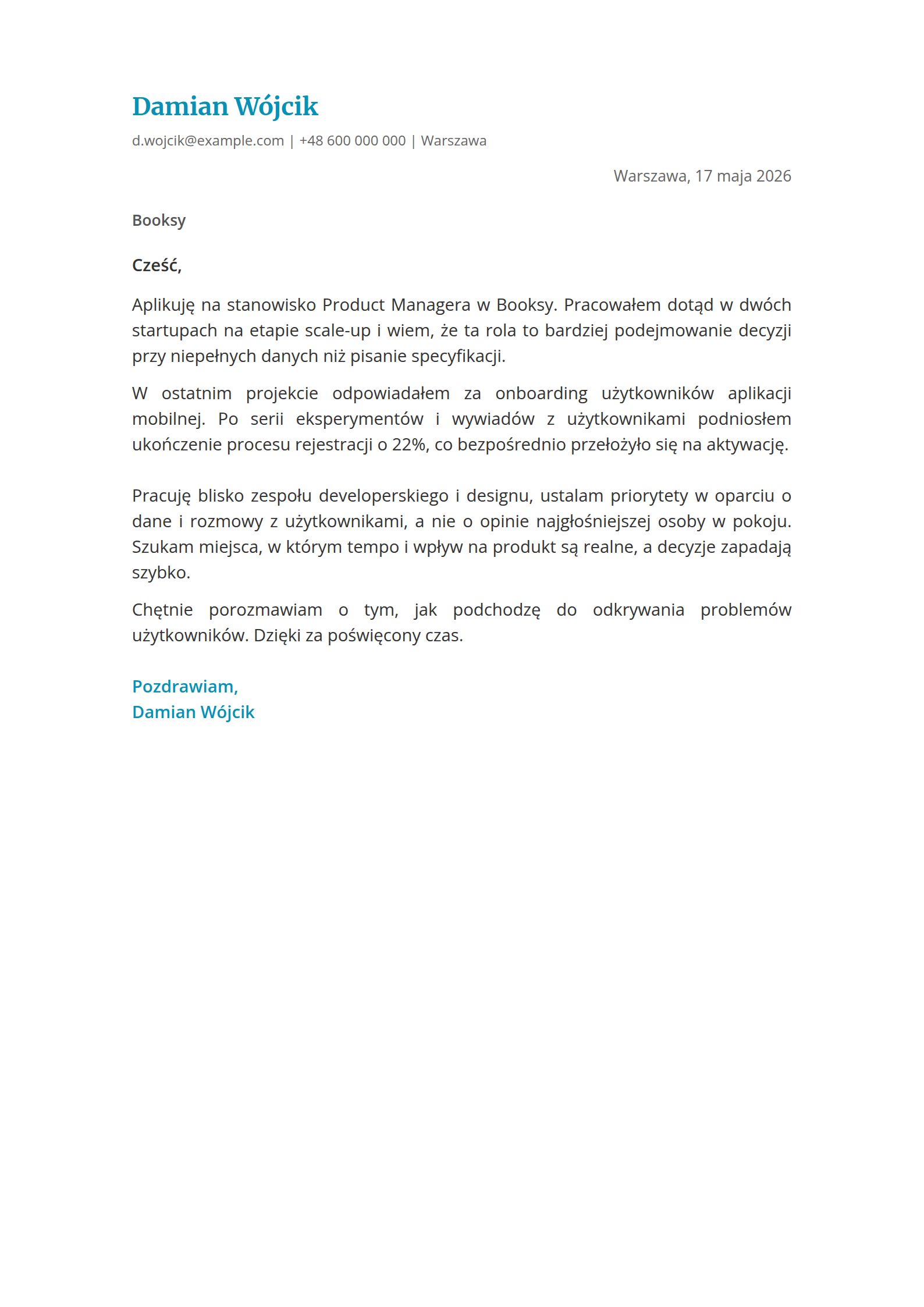 Wzór listu motywacyjnego do startupu - Product Manager, wypełniony przykład