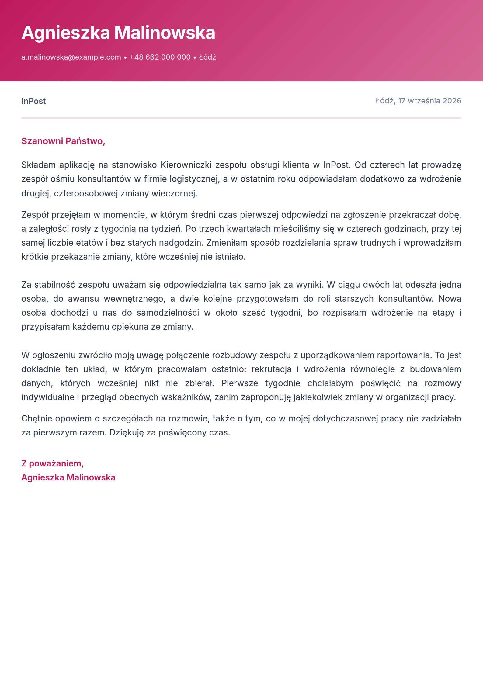 Wzór listu motywacyjnego na stanowisko menedżerskie - kierowniczka zespołu obsługi klienta, wypełniony przykład