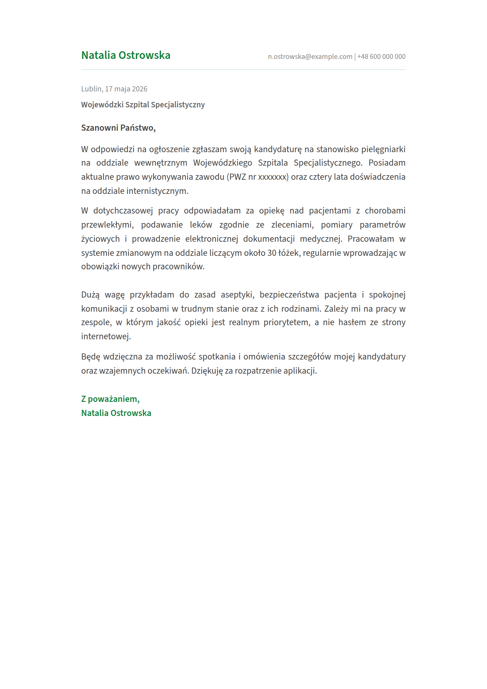 Wzór listu motywacyjnego dla pielęgniarki - oddział wewnętrzny, przykład