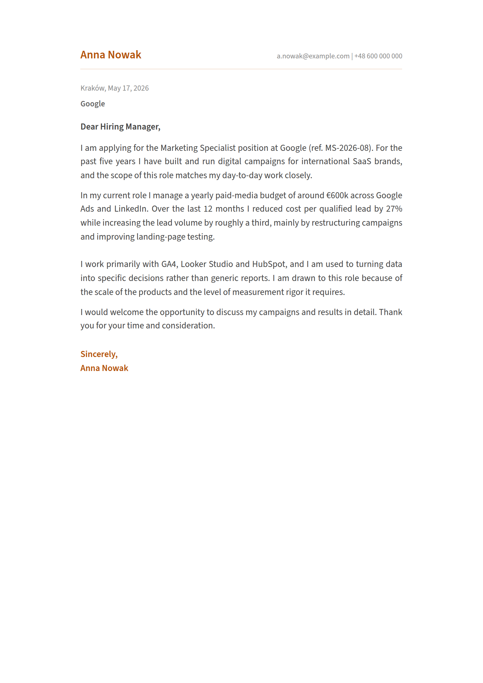 Wzór listu motywacyjnego po angielsku - cover letter, wypełniony przykład