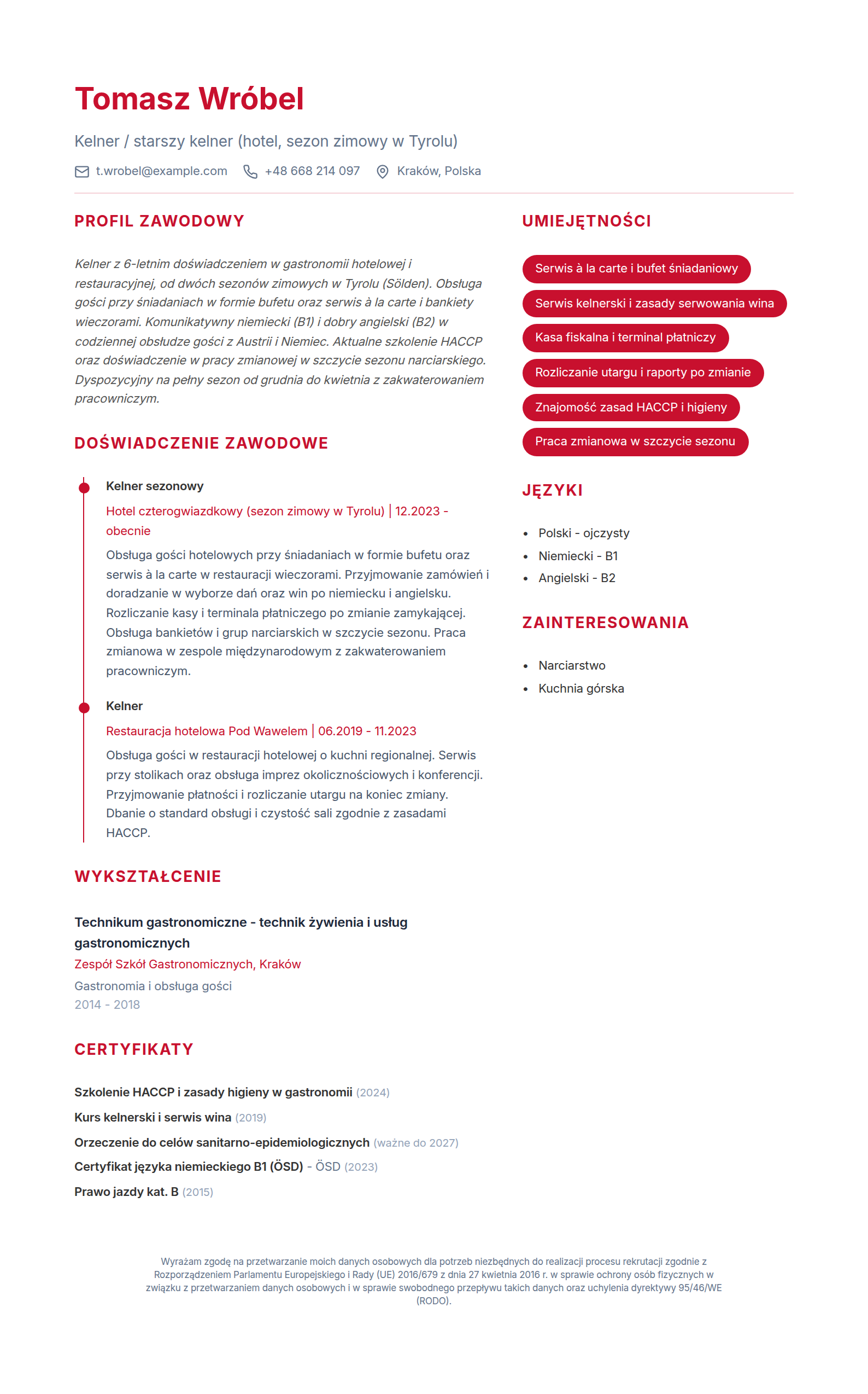 Przykładowe CV do pracy w Austrii - kelner na sezon zimowy w Tyrolu, wzór