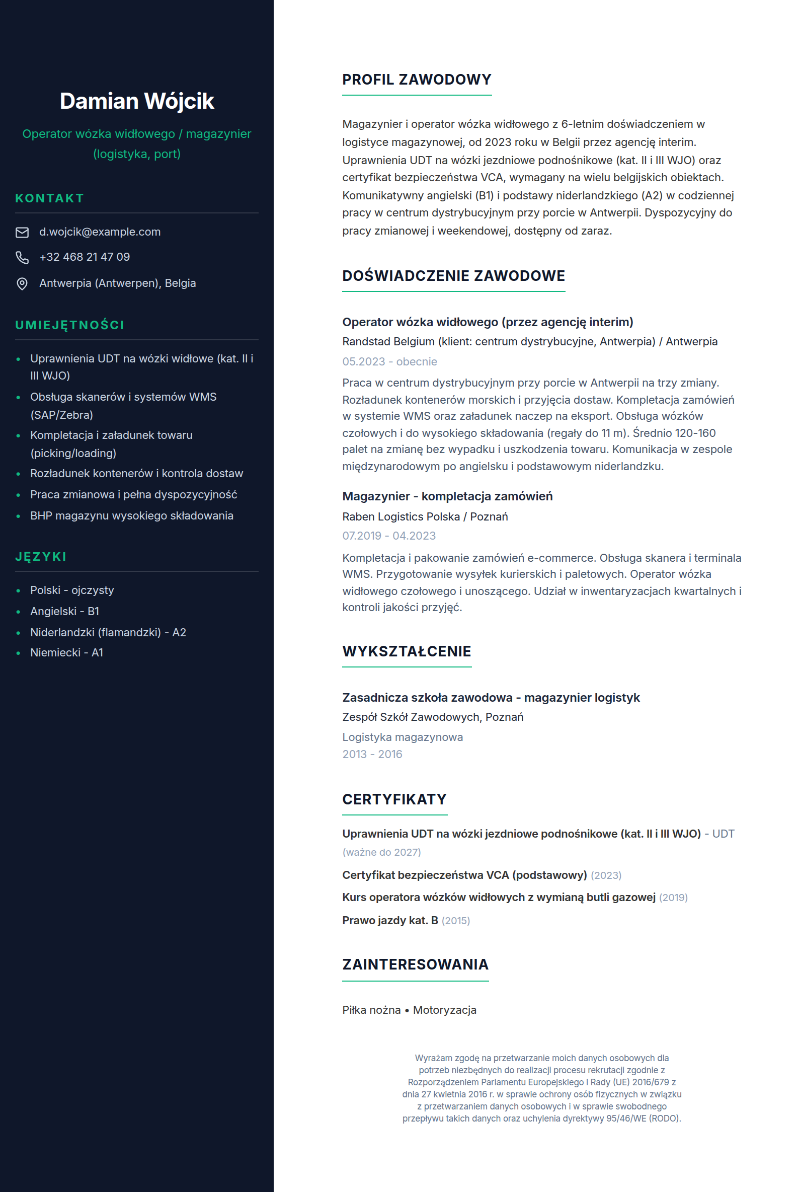 Przykładowe CV do pracy w Belgii - operator wózka widłowego, wzór