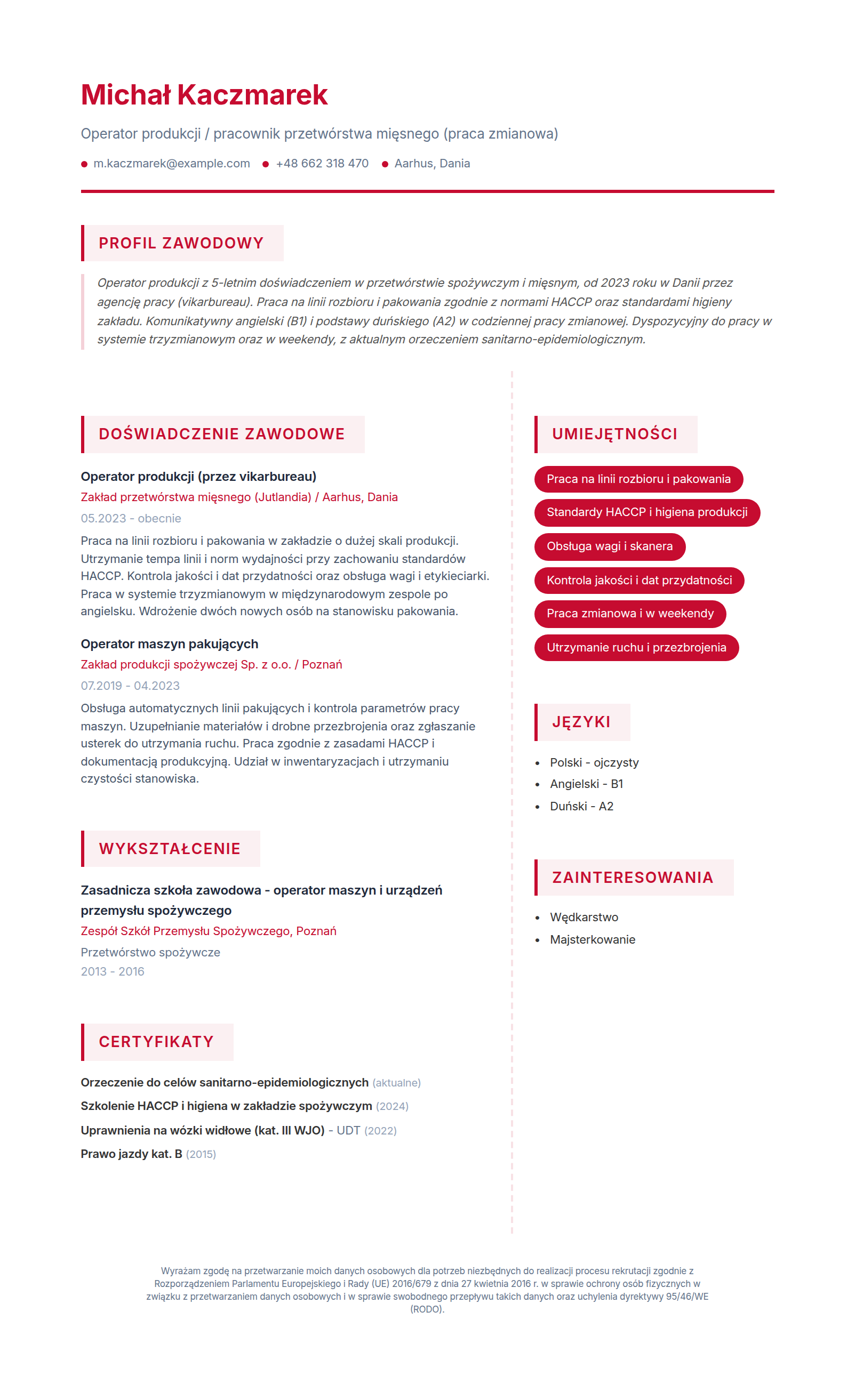 Przykładowe CV na duński rynek - operator produkcji w zakładzie przetwórstwa mięsnego, wzór