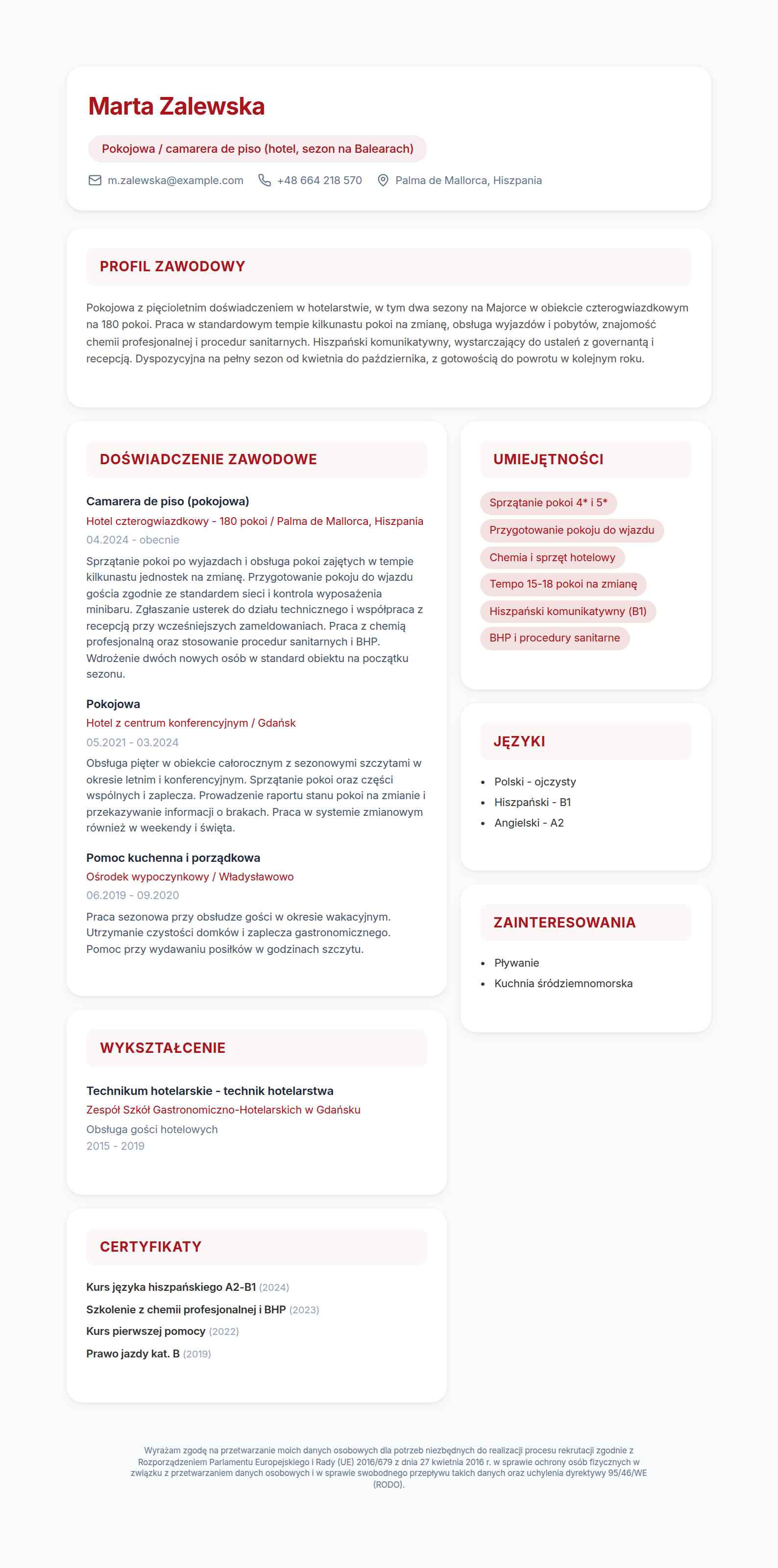 Przykładowe CV na hiszpański rynek pracy - pokojowa na sezon w hotelu na Majorce, wzór