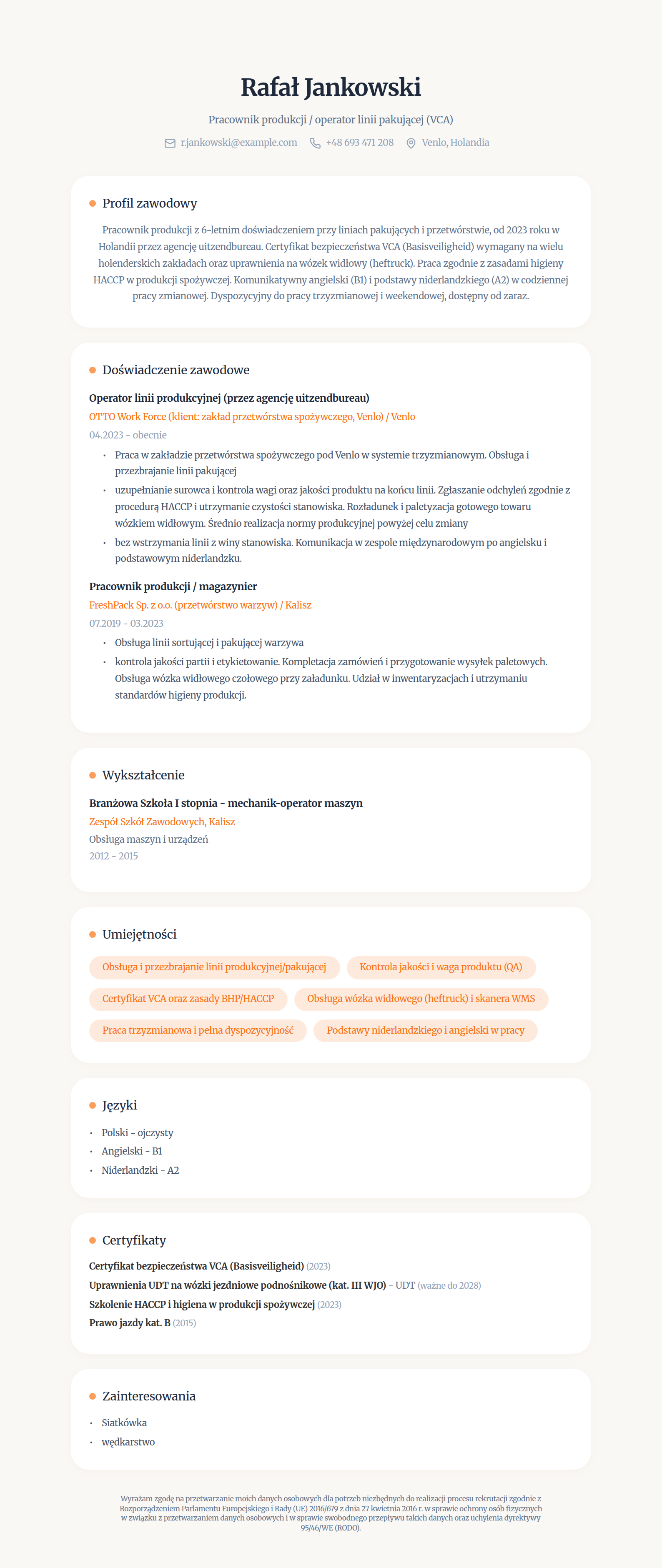 Przykładowe CV do pracy w Holandii - pracownik produkcji, wzór