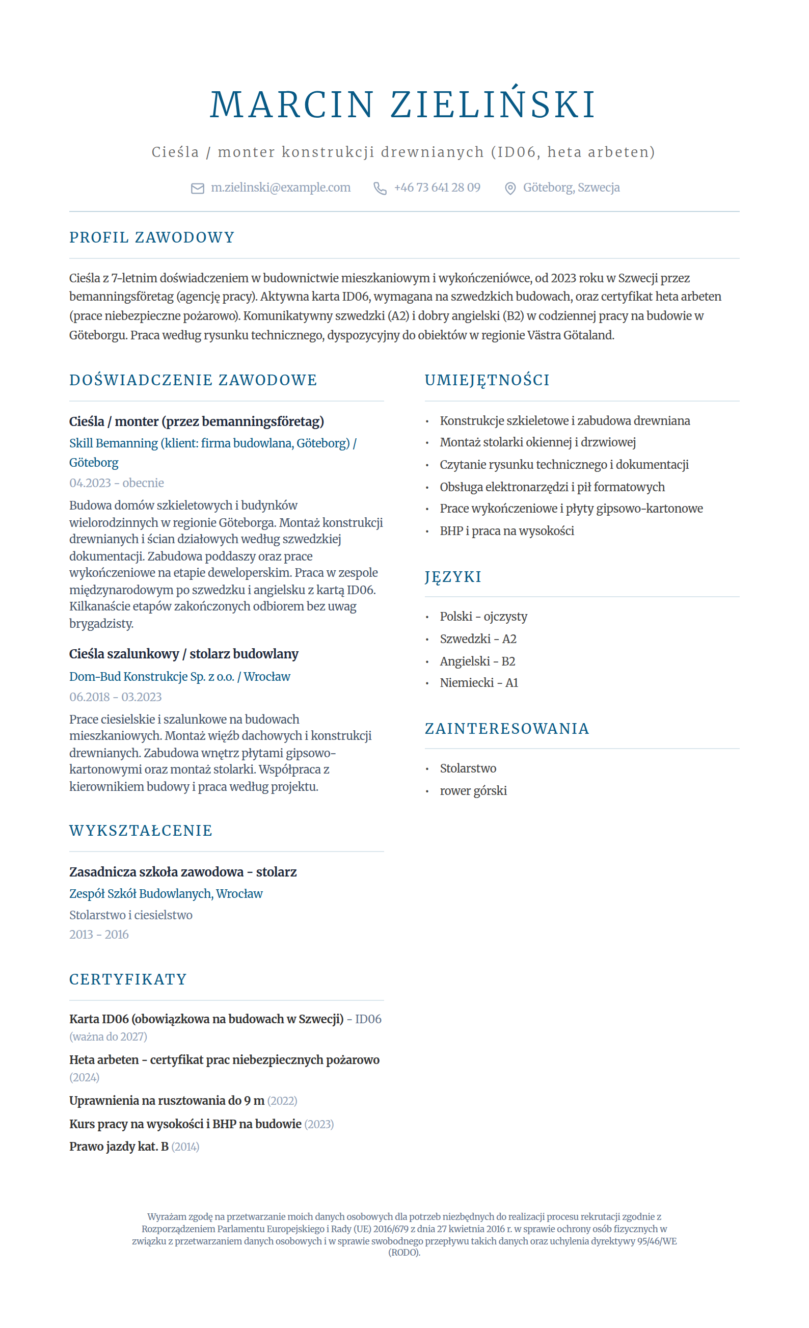 Przykładowe CV do pracy w Szwecji - cieśla, monter konstrukcji drewnianych, wzór